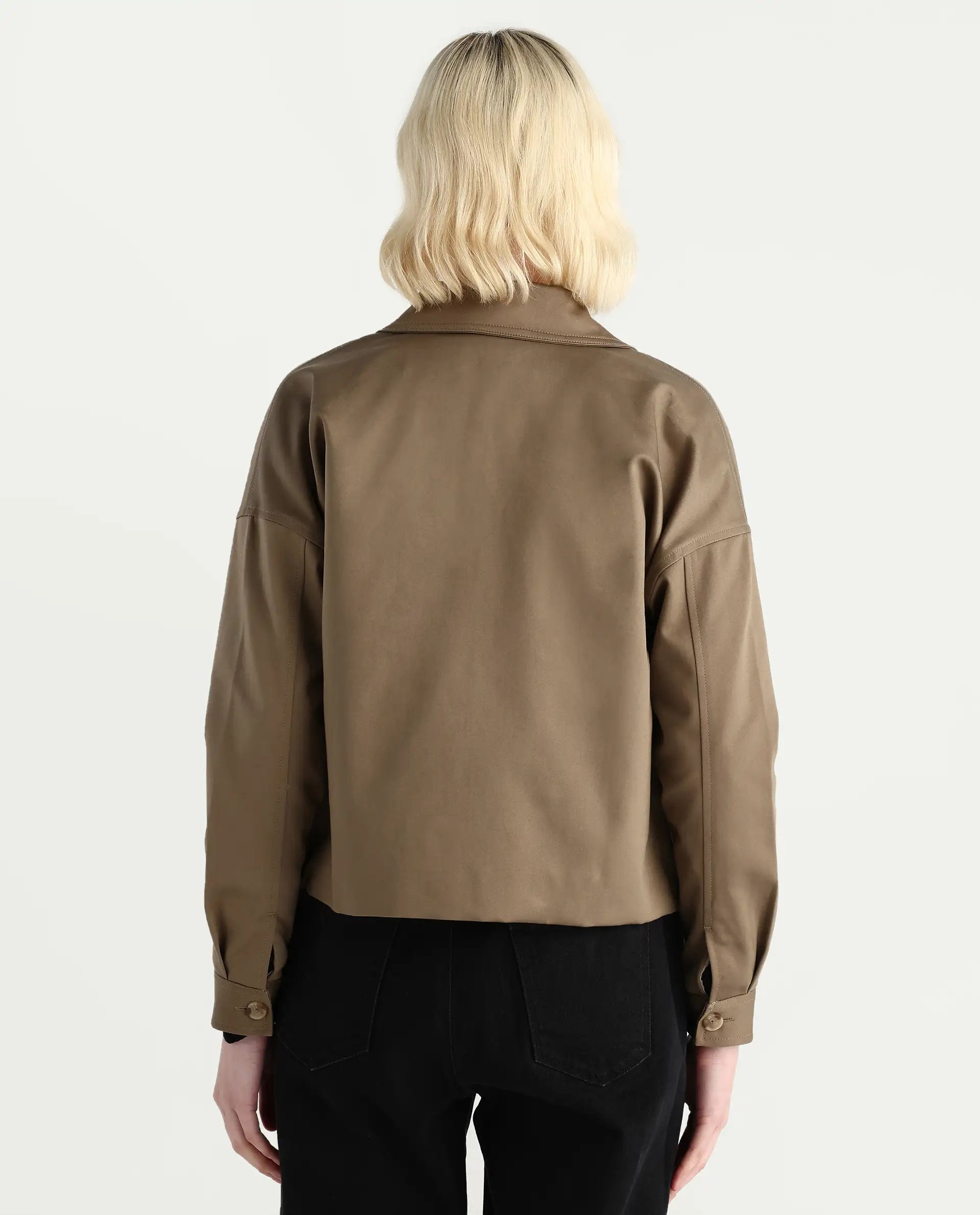 Rareism Women's Nicolin Khaki Cotton Blend Spread Collar Relaxed Fit Jacket