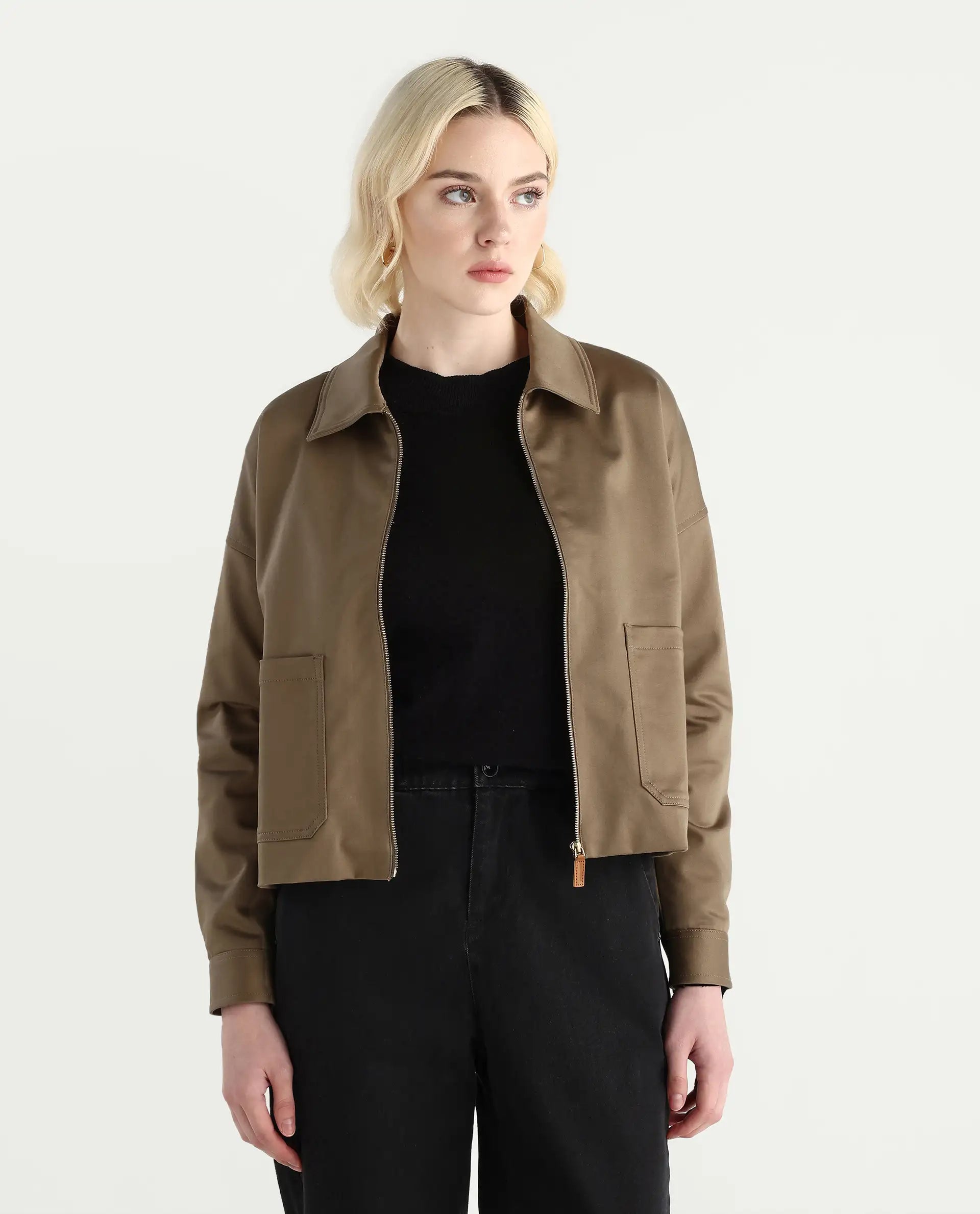 Rareism Women's Nicolin Khaki Cotton Blend Spread Collar Relaxed Fit Jacket