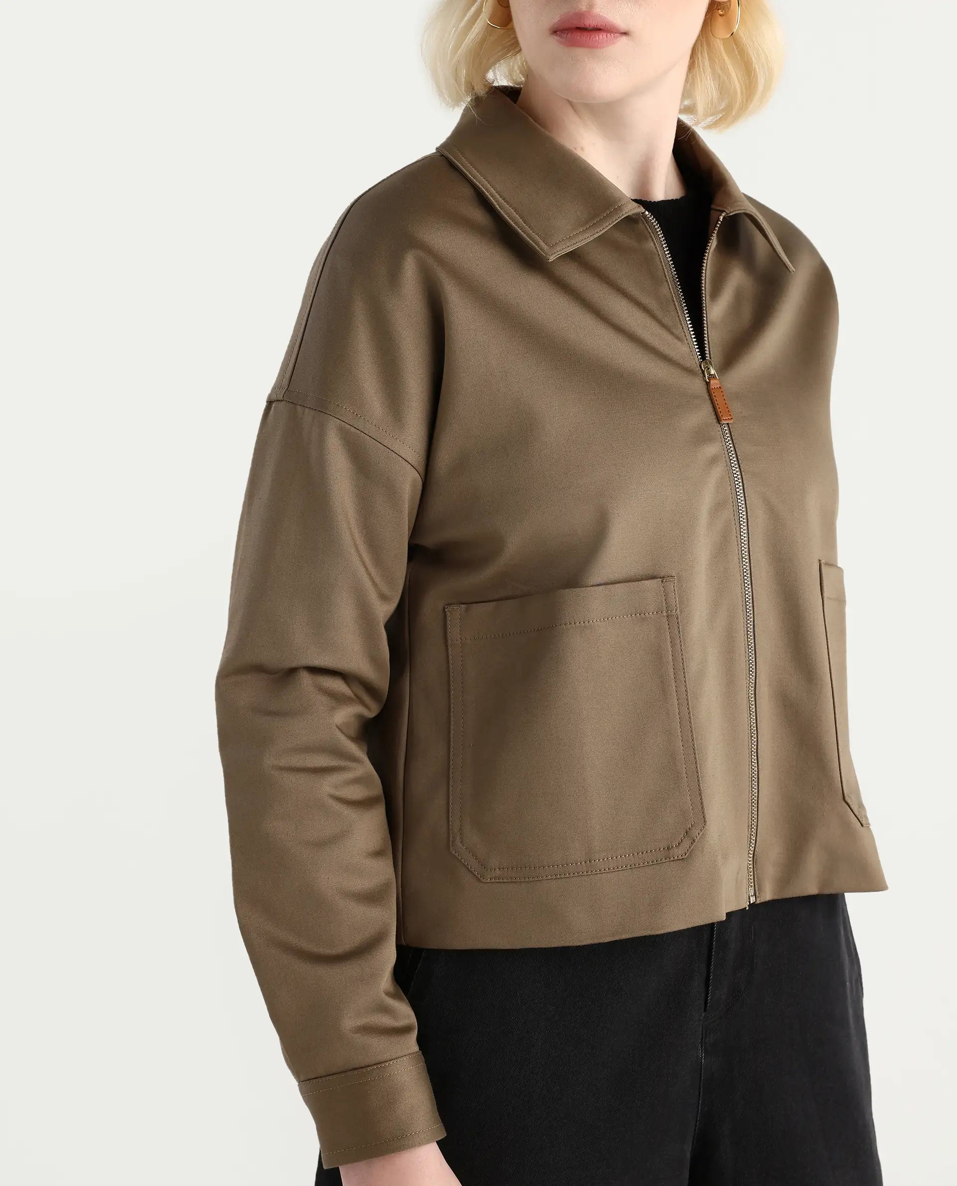 Rareism Women's Nicolin Khaki Cotton Blend Spread Collar Relaxed Fit Jacket