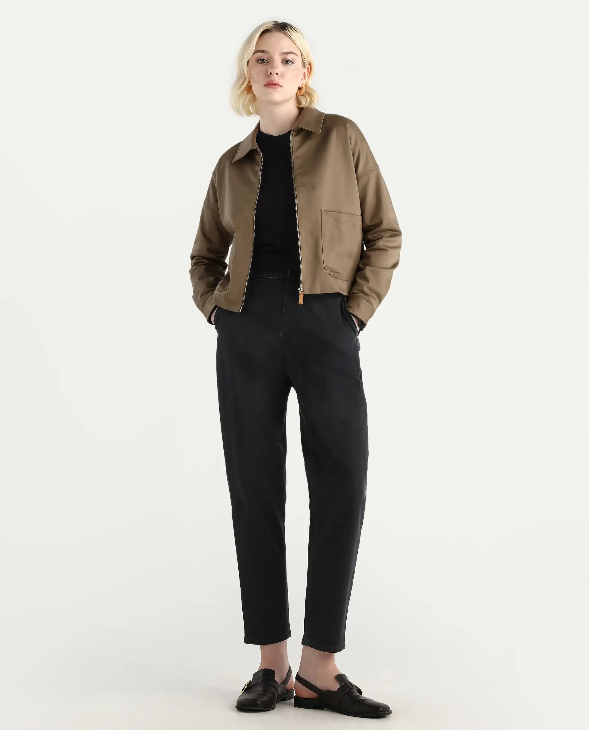 Rareism Women's Nicolin Khaki Cotton Blend Spread Collar Relaxed Fit Jacket