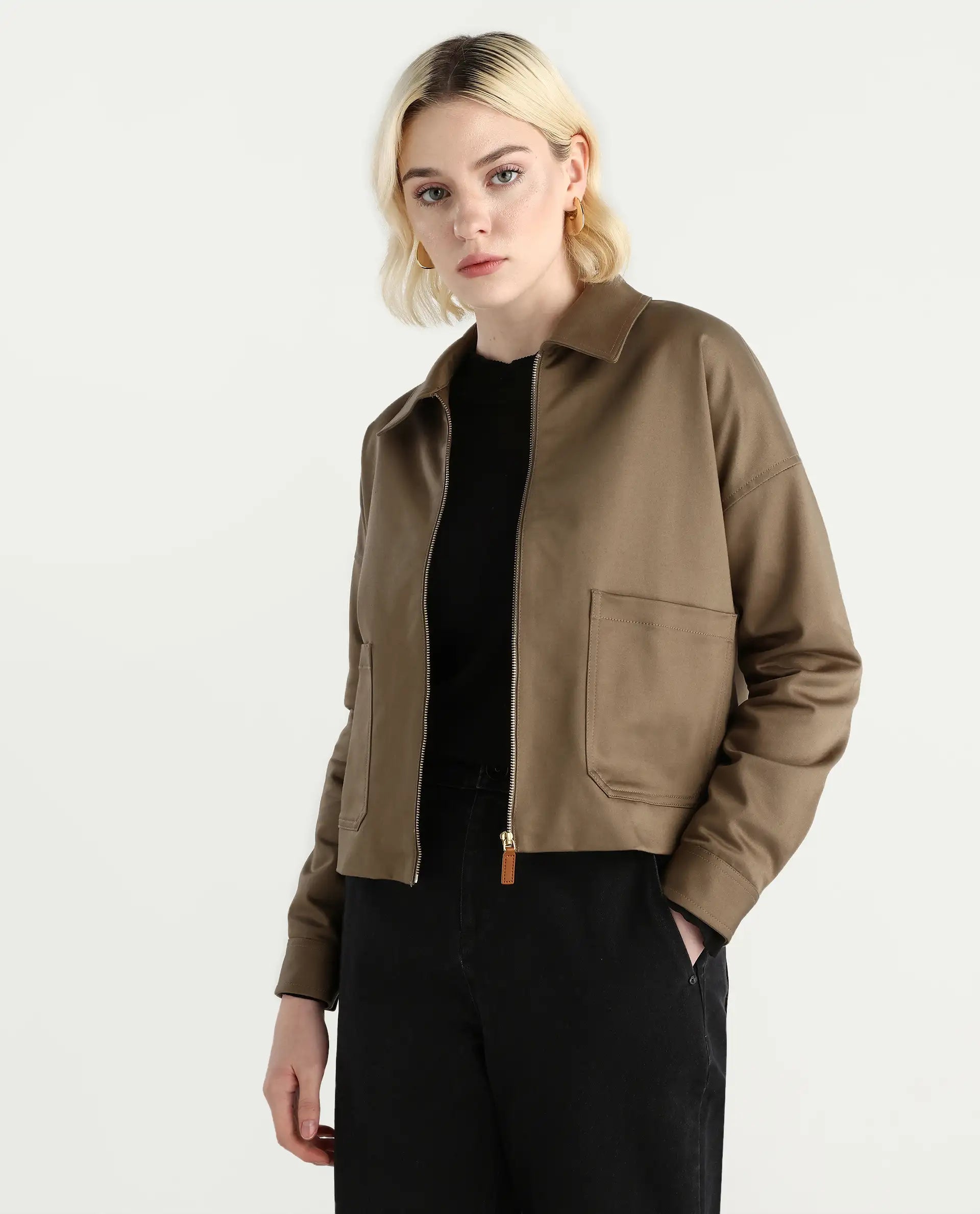 Rareism Women's Nicolin Khaki Cotton Blend Spread Collar Relaxed Fit Jacket
