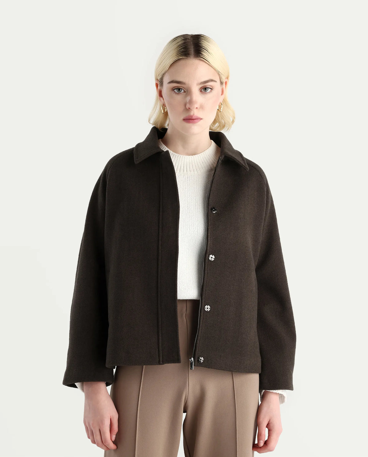Rareism Women's Nicos Coffee Polyester Blend Collared Neck Jacket Plain Jacket