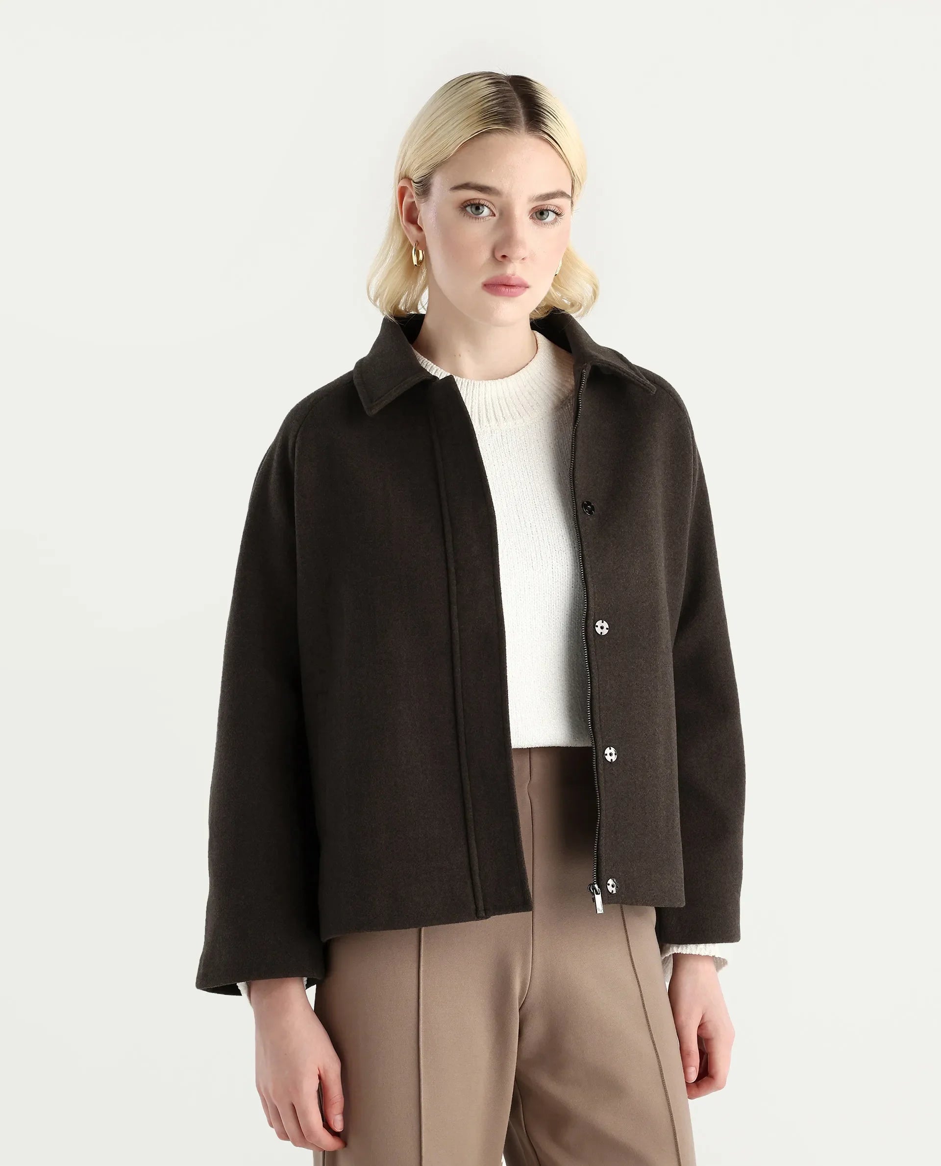 Rareism Women's Nicos Coffee Polyester Blend Collared Neck Jacket Plain Jacket