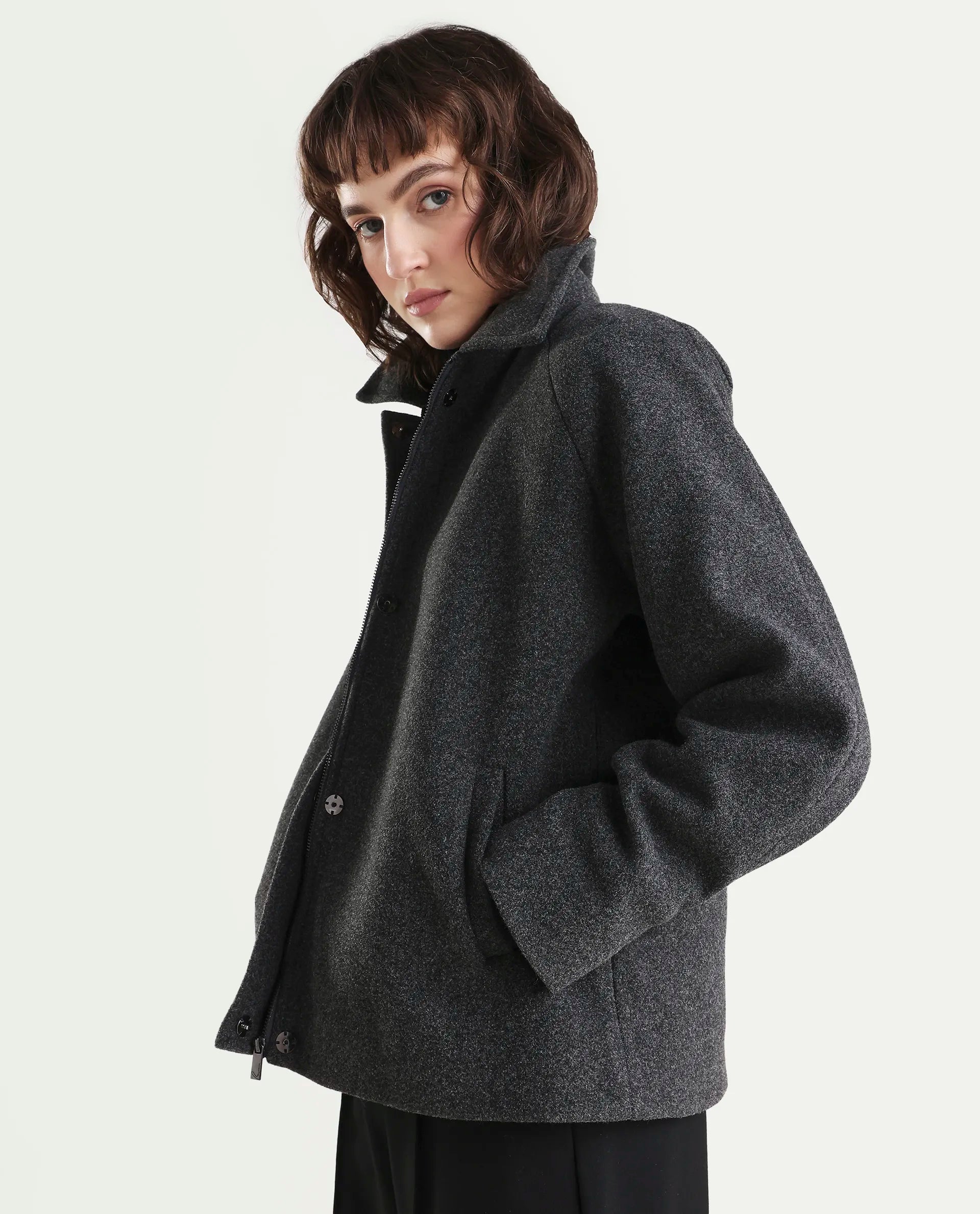 Rareism Women's Nicos Grey Polyester Blend Collared Neck Jacket Plain Jacket