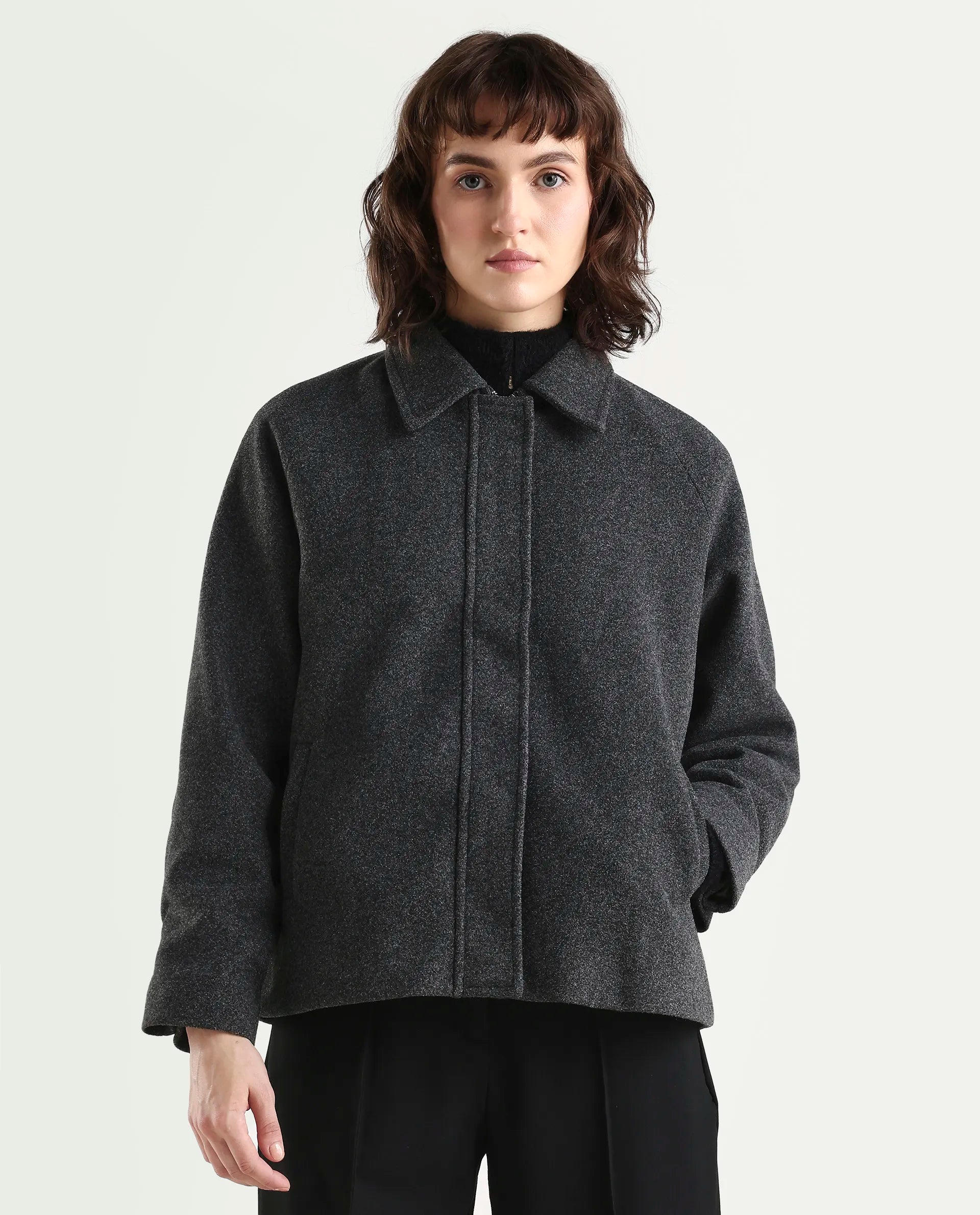 Rareism Women's Nicos Grey Polyester Blend Collared Neck Jacket Plain Jacket