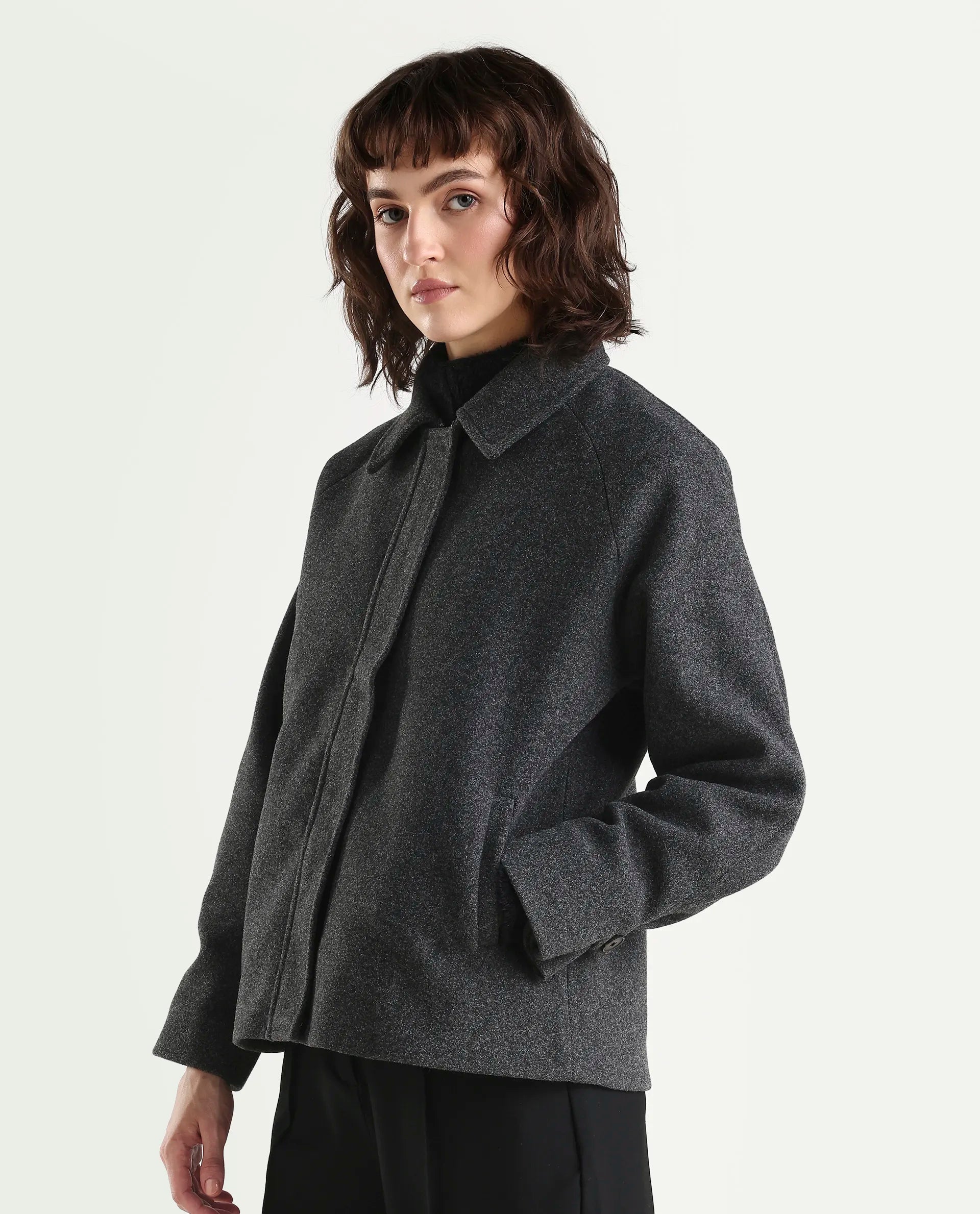 Rareism Women's Nicos Grey Polyester Blend Collared Neck Jacket Plain Jacket