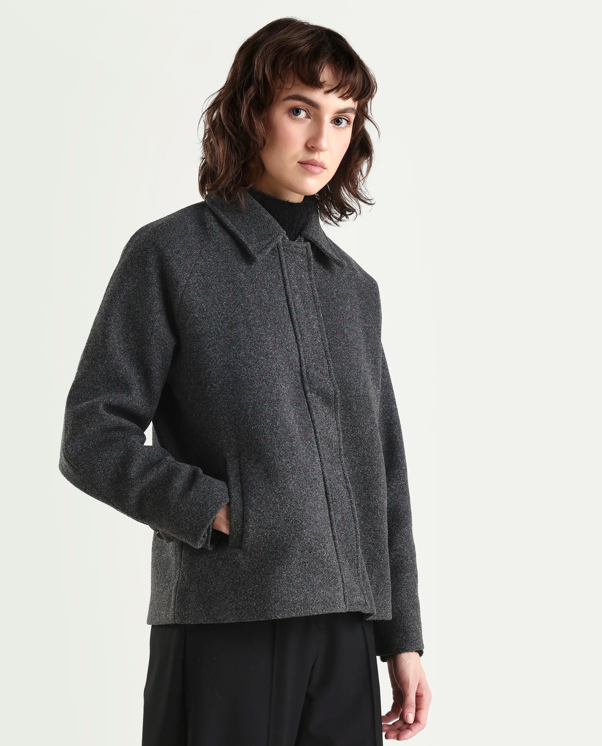 Rareism Women's Nicos Grey Polyester Blend Collared Neck Jacket Plain Jacket