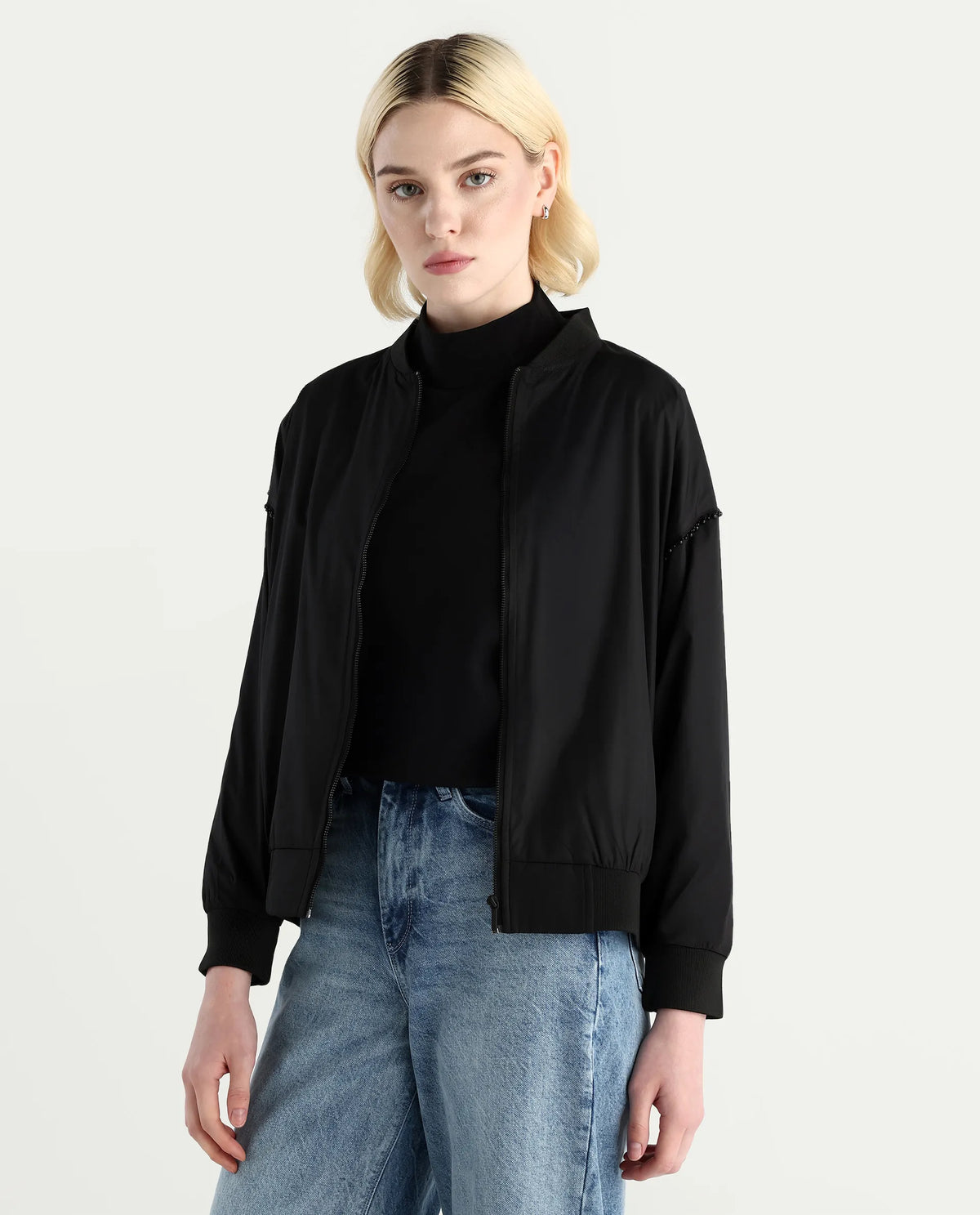 Rareism Women's Nifreen Black Polyester Rib Collar Boxy Plain Jacket