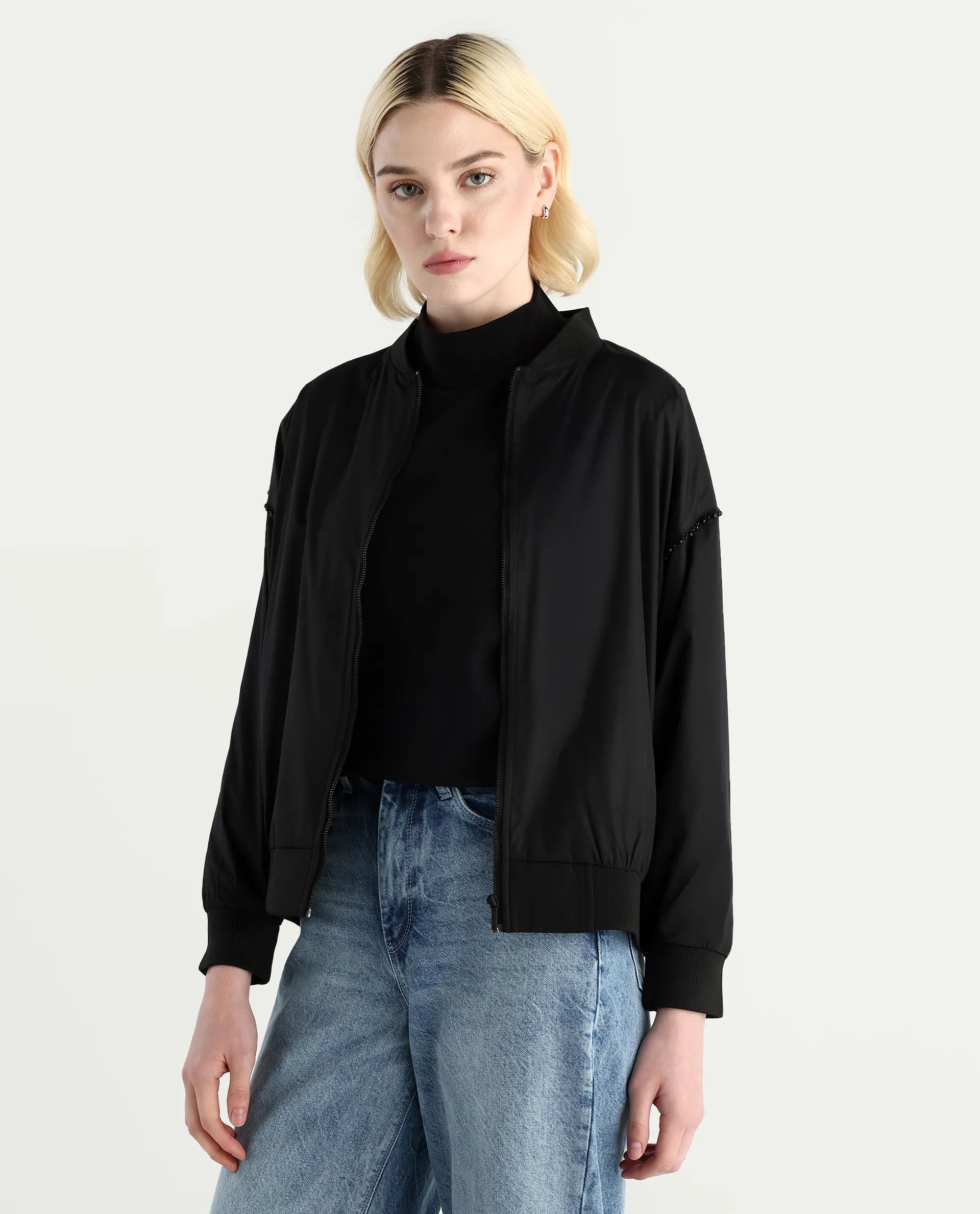 Rareism Women's Nifreen Black Polyester Rib Collar Boxy Plain Jacket
