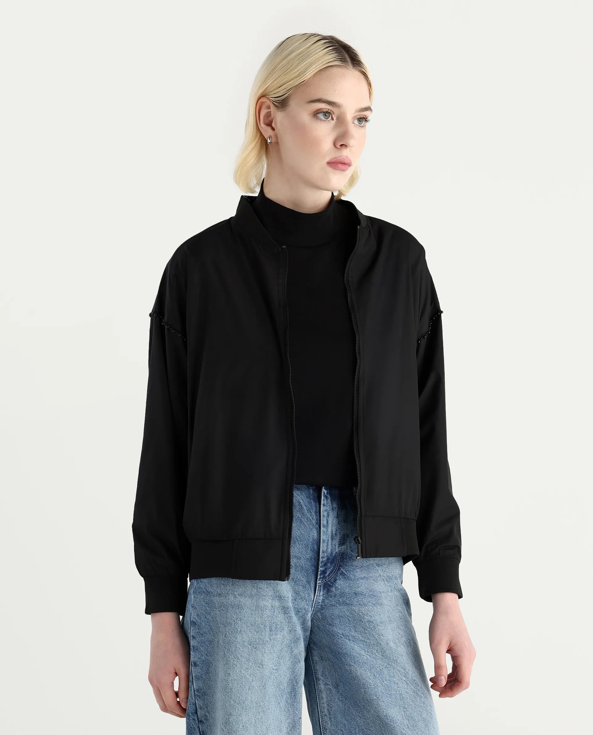 Rareism Women's Nifreen Black Polyester Rib Collar Boxy Plain Jacket