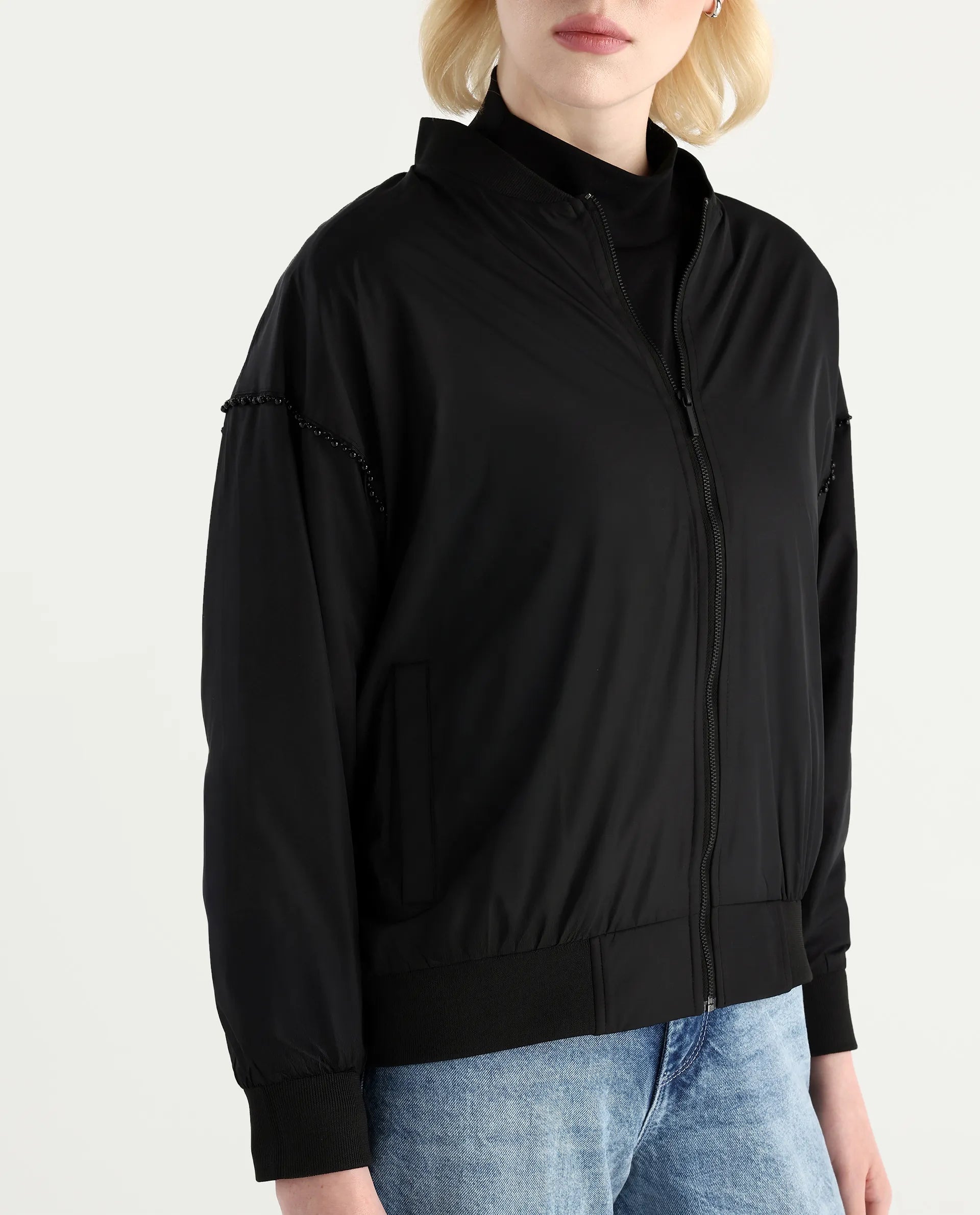 Rareism Women's Nifreen Black Polyester Rib Collar Boxy Plain Jacket