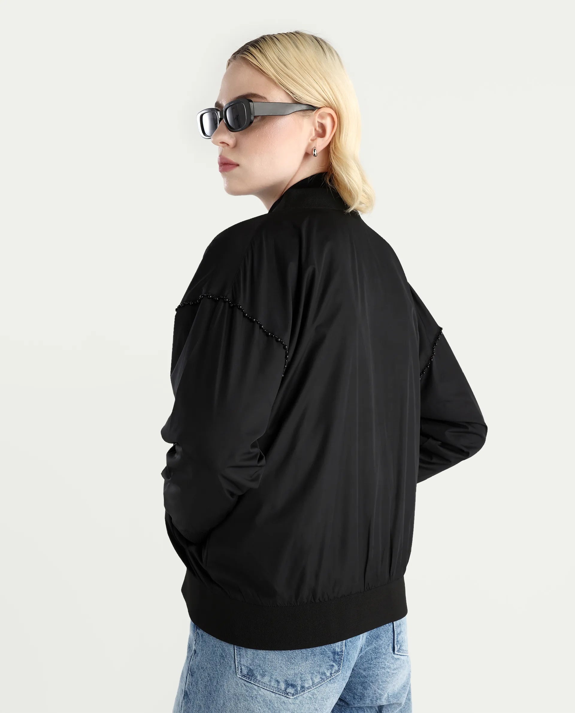 Rareism Women's Nifreen Black Polyester Rib Collar Boxy Plain Jacket