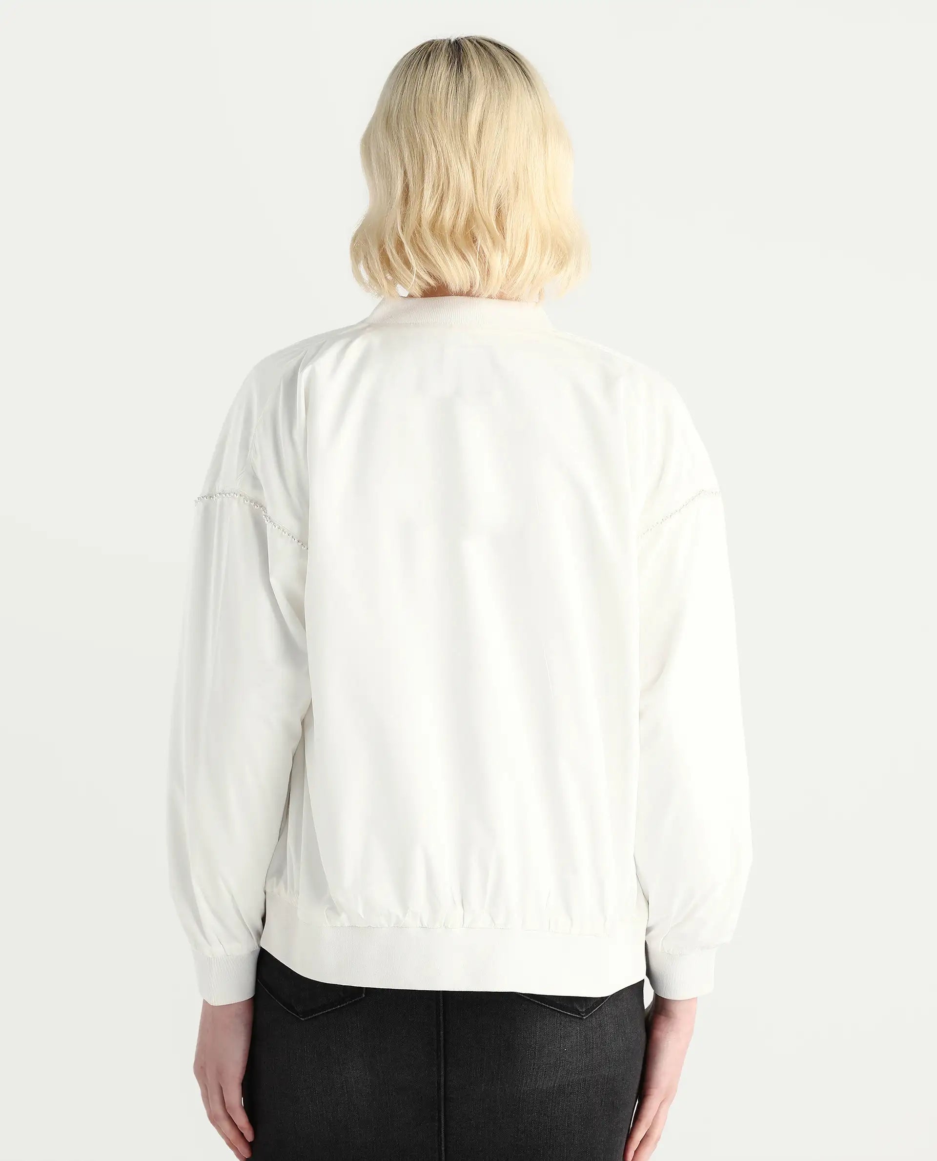 Rareism Women's Nifreen Off White Polyester Rib Collar Boxy Fit Plain Jacket