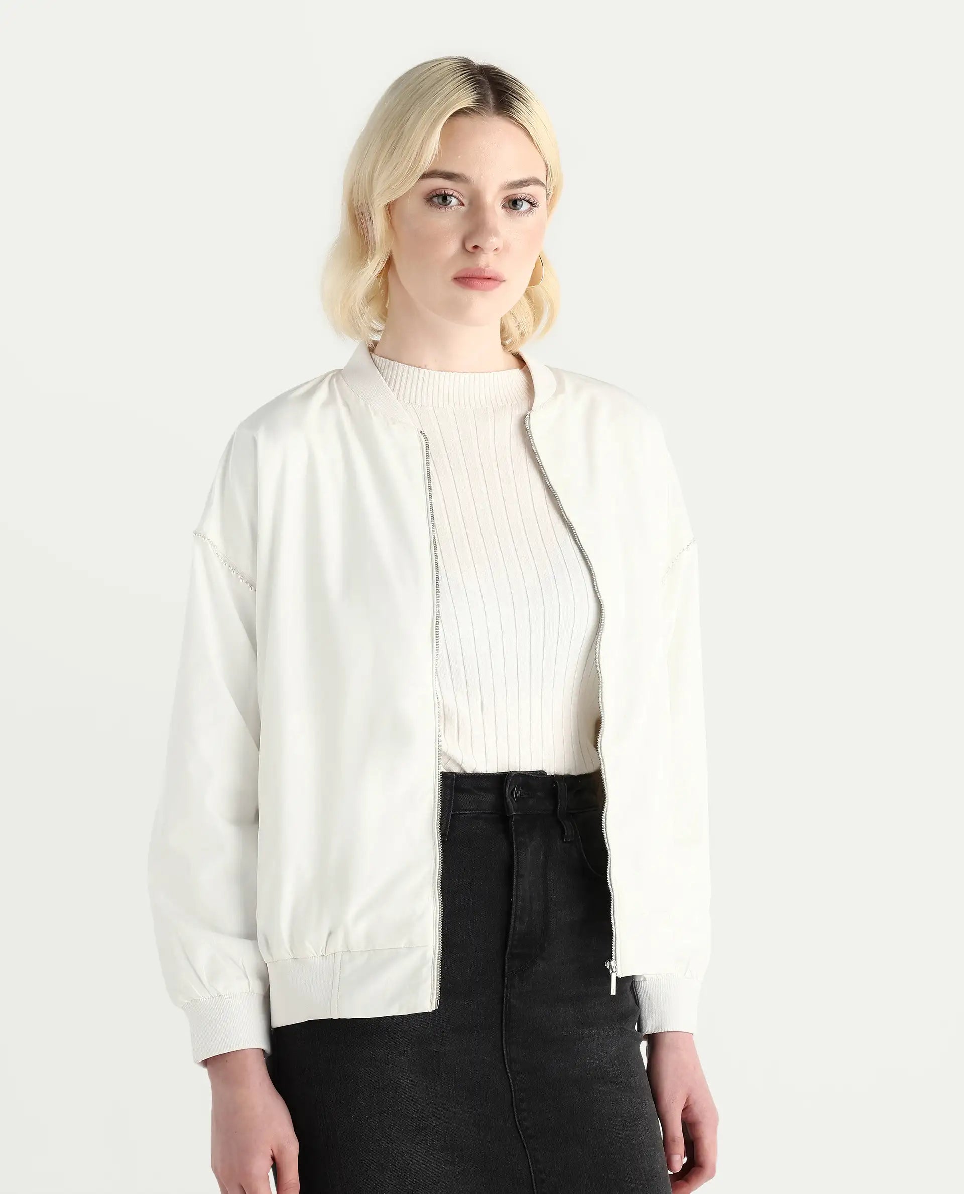 Rareism Women's Nifreen Off White Polyester Rib Collar Boxy Fit Plain Jacket