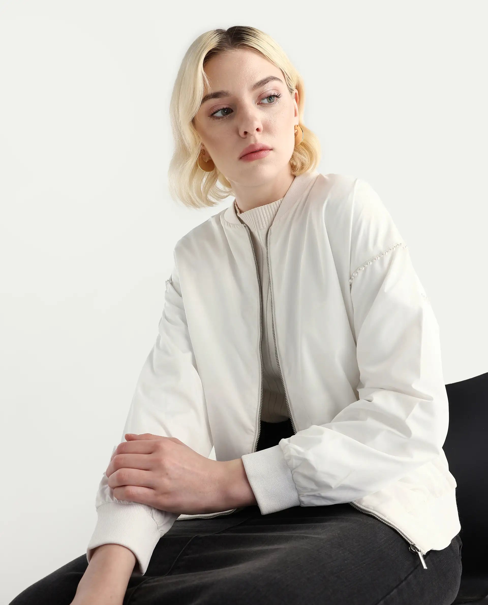 Rareism Women's Nifreen Off White Polyester Rib Collar Boxy Fit Plain Jacket