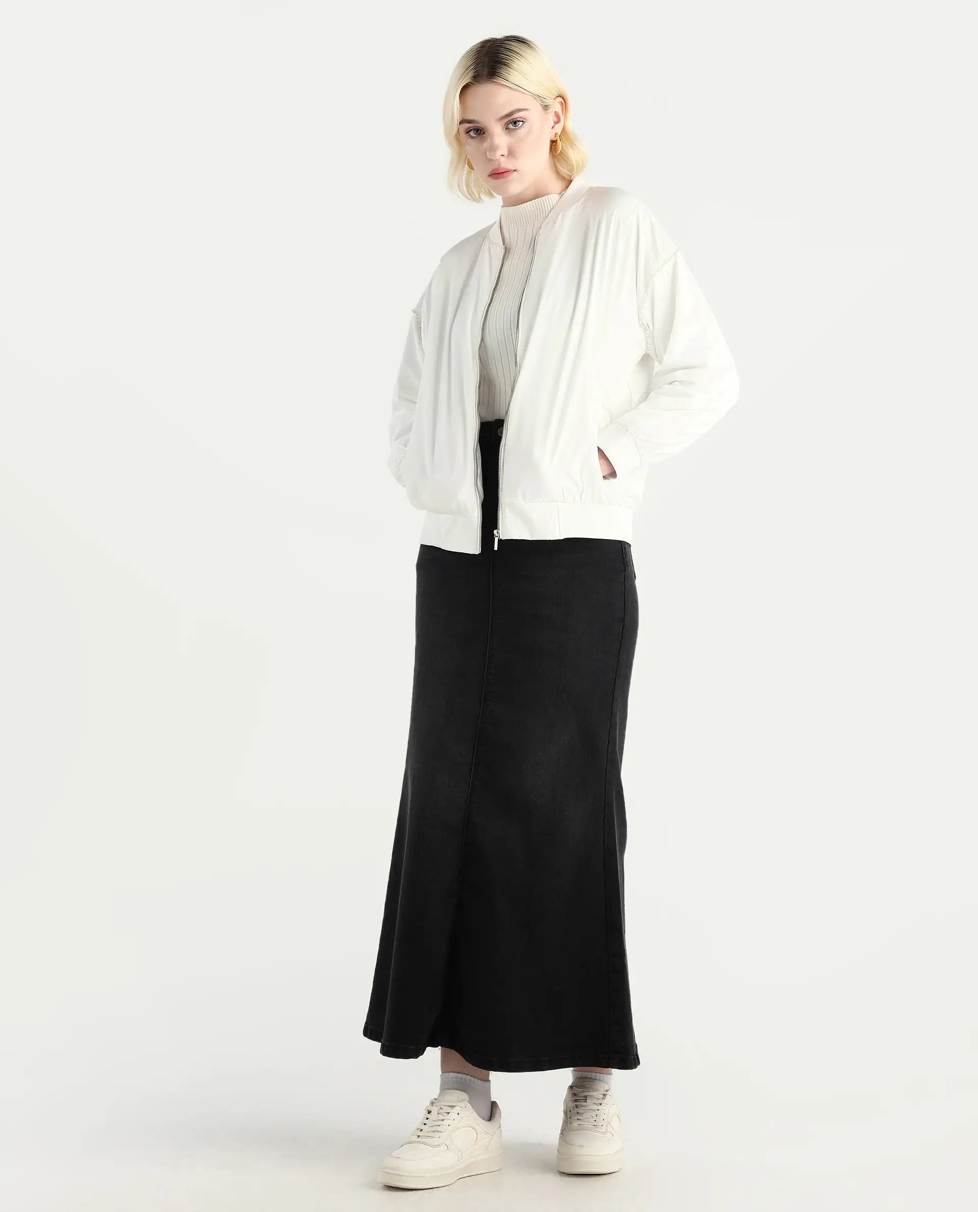 Rareism Women's Nifreen Off White Polyester Rib Collar Boxy Fit Plain Jacket