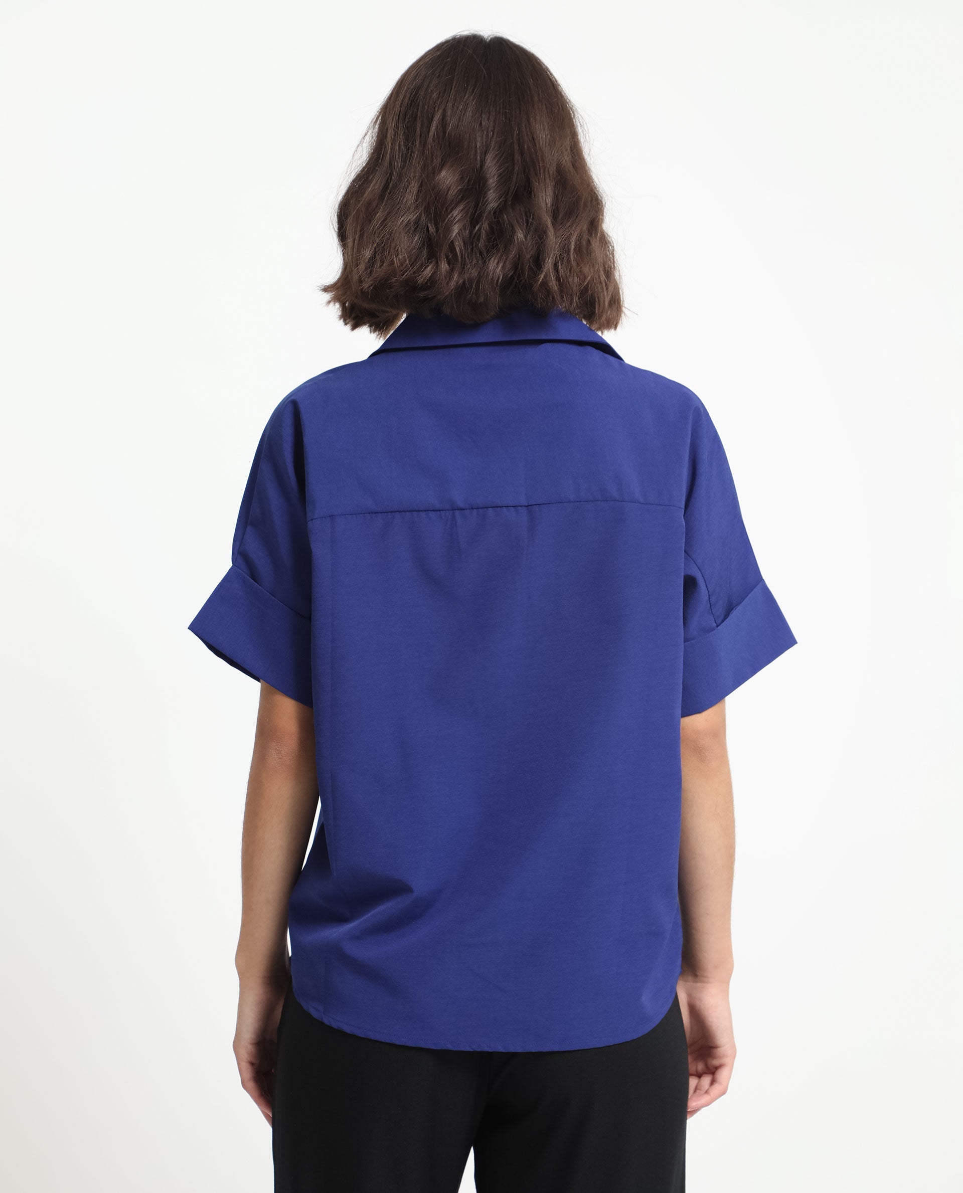 Rareism Women's Nilgan Blue Polyester Spread Collar Plain Cuffed Sleeve Regular Fit Top