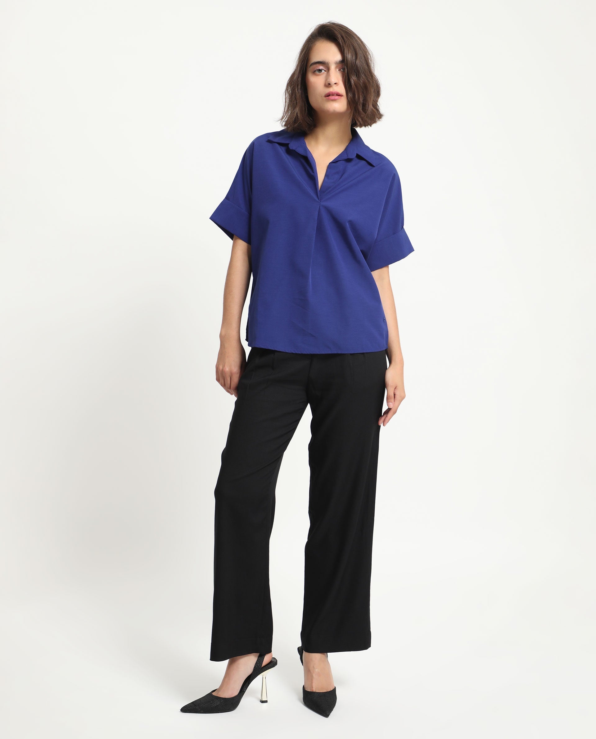 Rareism Women's Nilgan Blue Polyester Spread Collar Plain Cuffed Sleeve Regular Fit Top