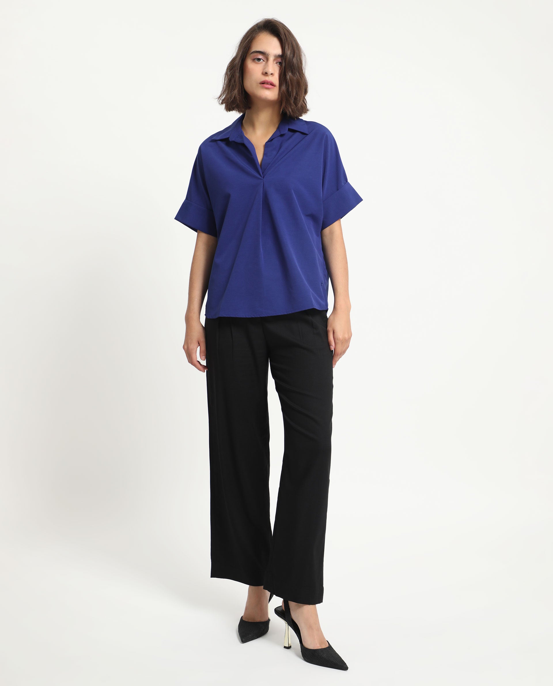 Rareism Women's Nilgan Blue Polyester Spread Collar Plain Cuffed Sleeve Regular Fit Top