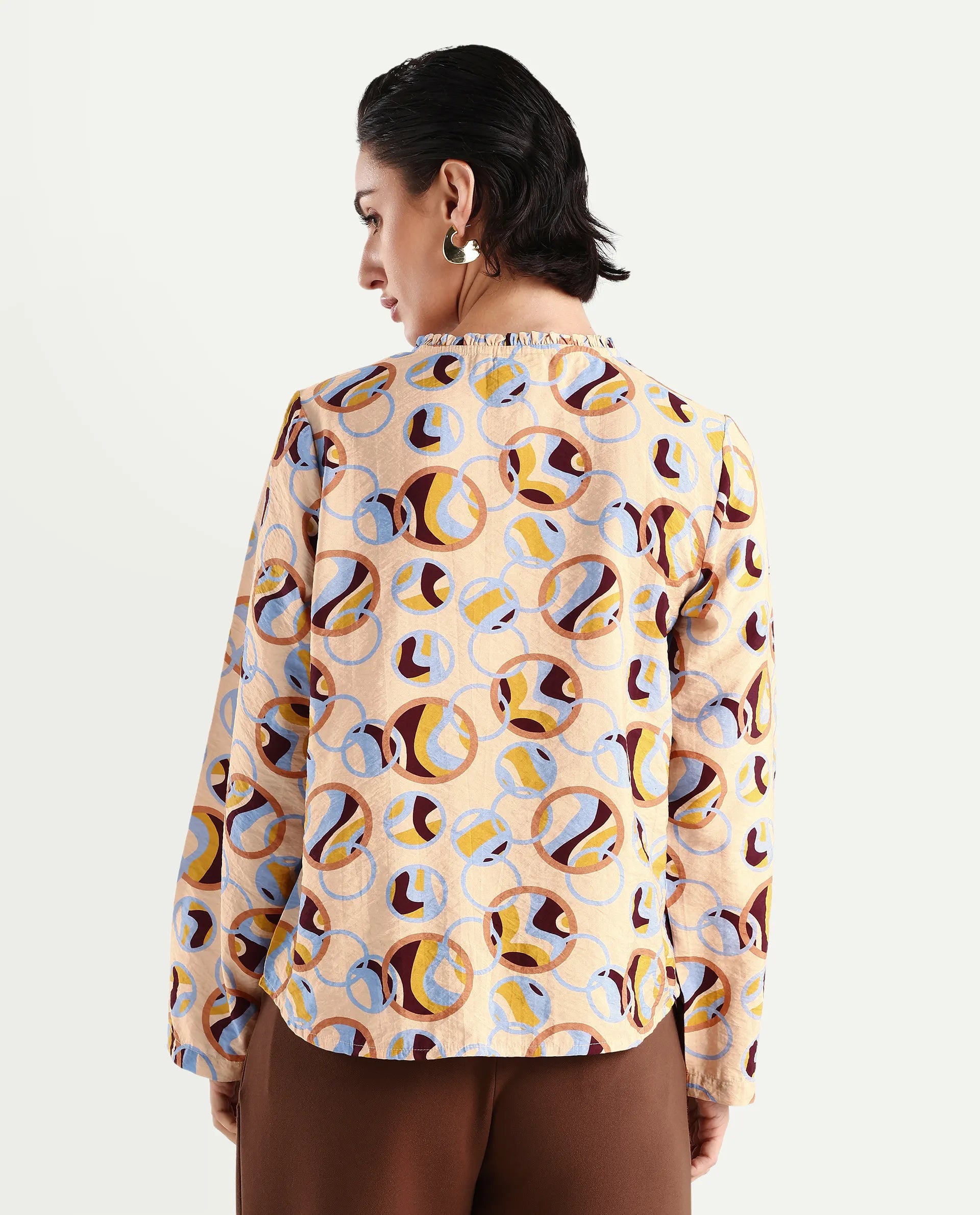 Rareism Women's Nili Multi Nylon Blend Sweetheart Neck Abstract Print Ruffled Sleeve Regular Fit Top