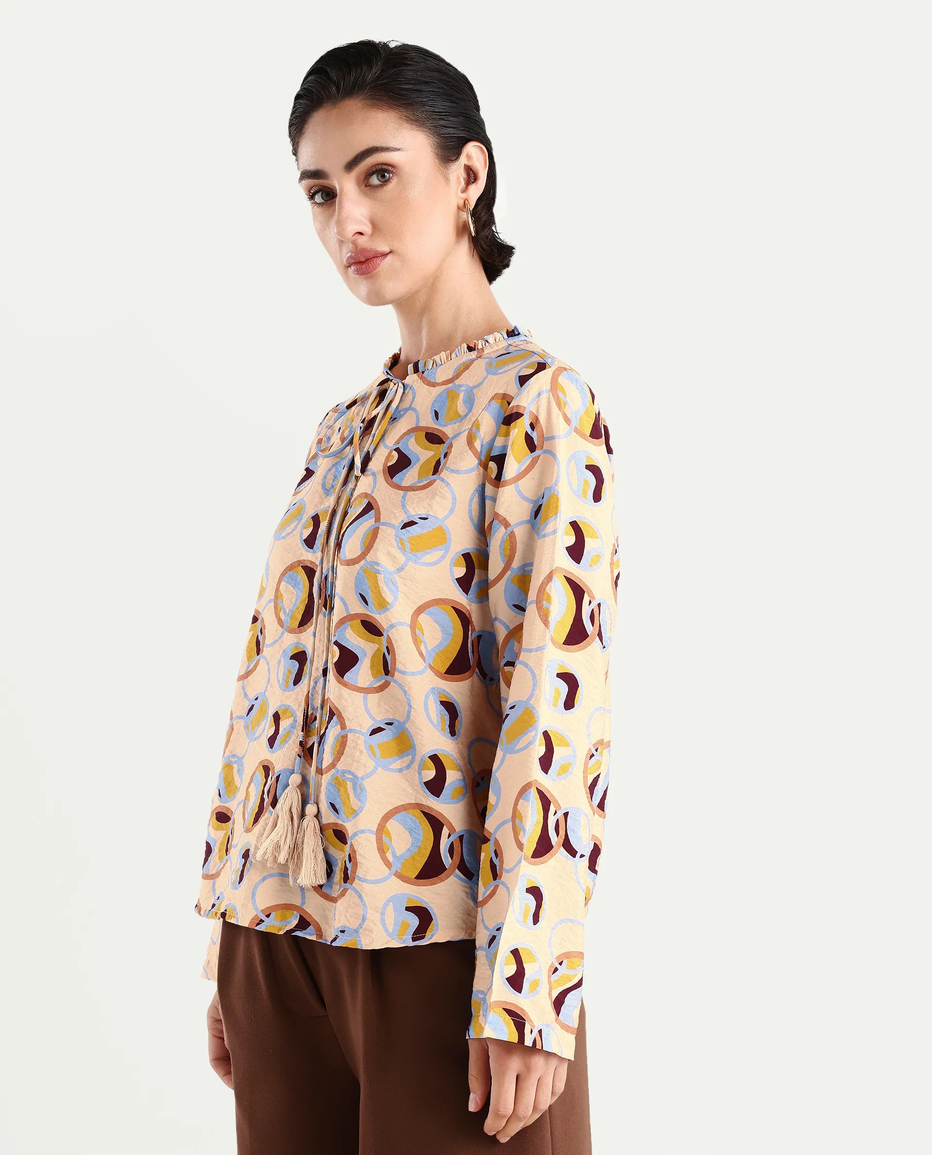 Rareism Women's Nili Multi Nylon Blend Sweetheart Neck Abstract Print Ruffled Sleeve Regular Fit Top