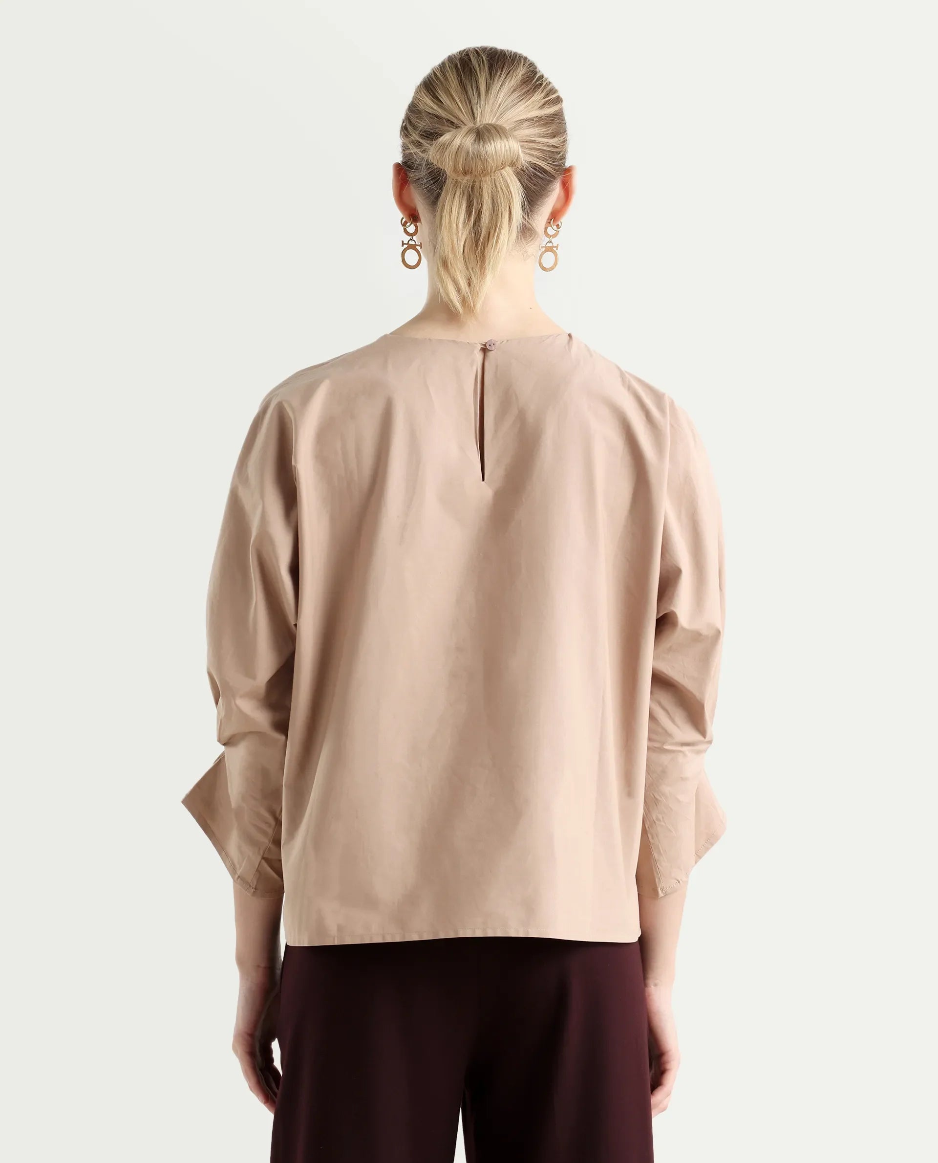 Rareism Women's Niloc - Beige Cotton Blend Crew Neck Plain Fashion Sleeve Relaxed Fit Top