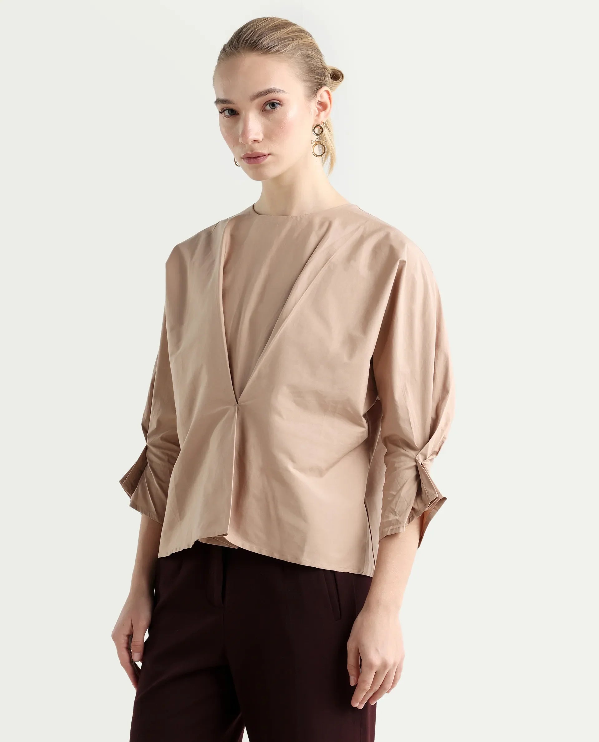 Rareism Women's Niloc - Beige Cotton Blend Crew Neck Plain Fashion Sleeve Relaxed Fit Top