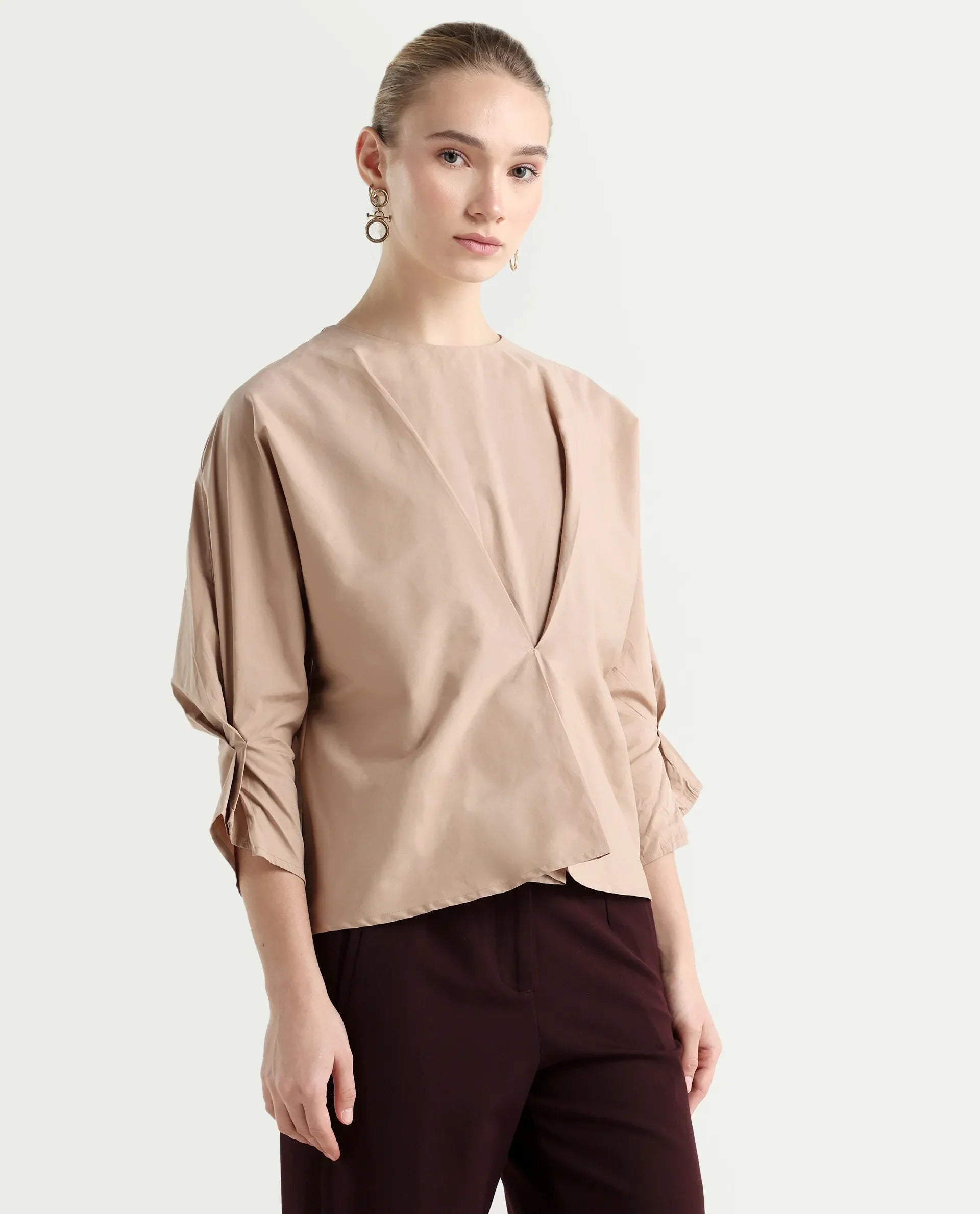 Rareism Women's Niloc - Beige Cotton Blend Crew Neck Plain Fashion Sleeve Relaxed Fit Top