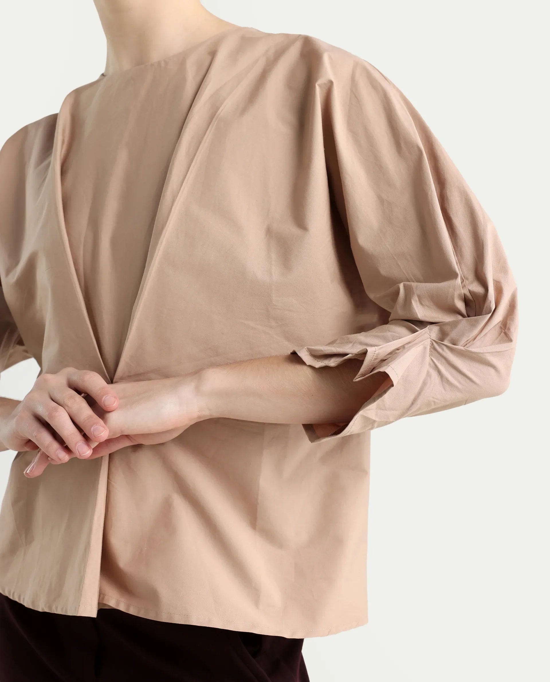 Rareism Women's Niloc - Beige Cotton Blend Crew Neck Plain Fashion Sleeve Relaxed Fit Top