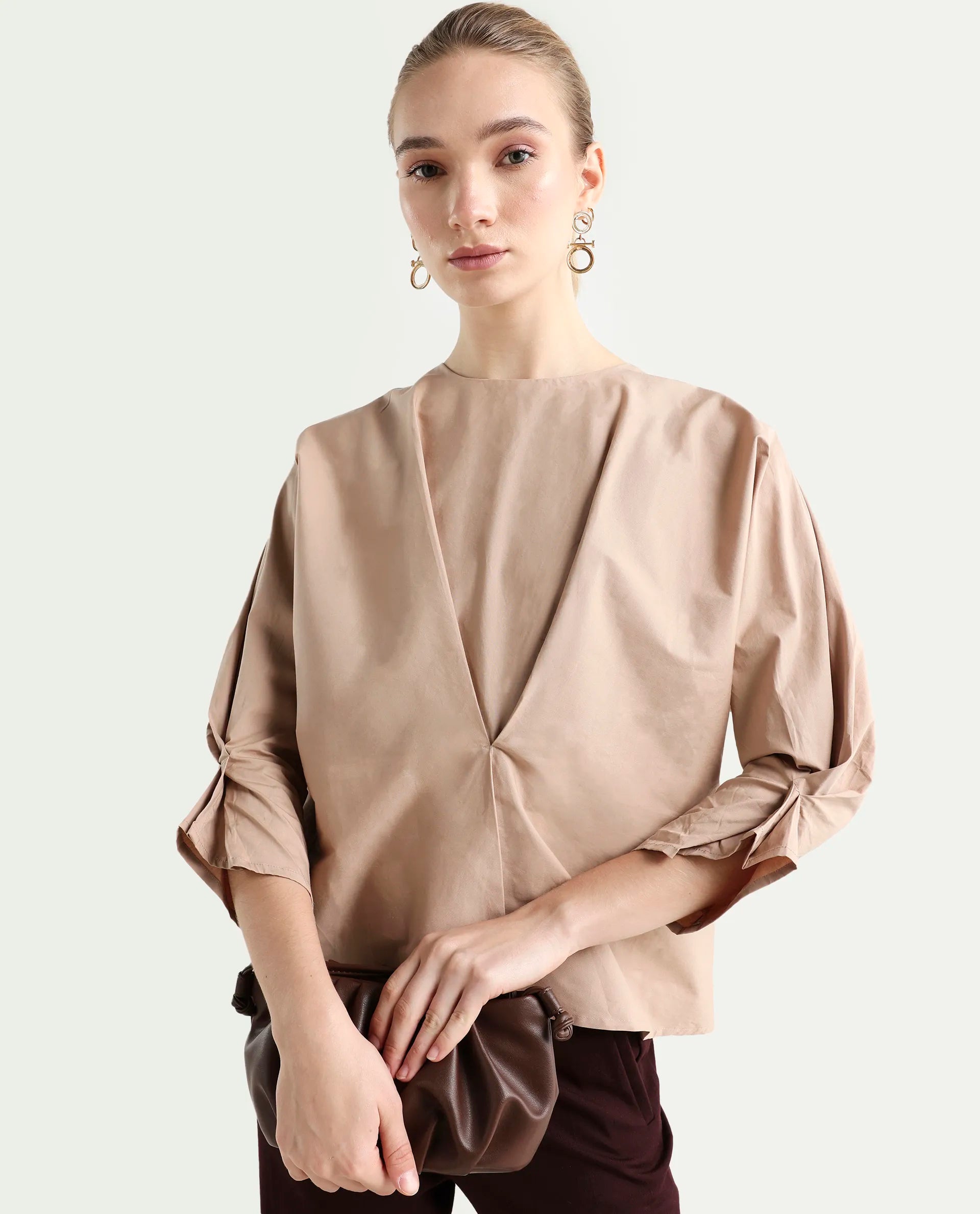 Rareism Women's Niloc - Beige Cotton Blend Crew Neck Plain Fashion Sleeve Relaxed Fit Top