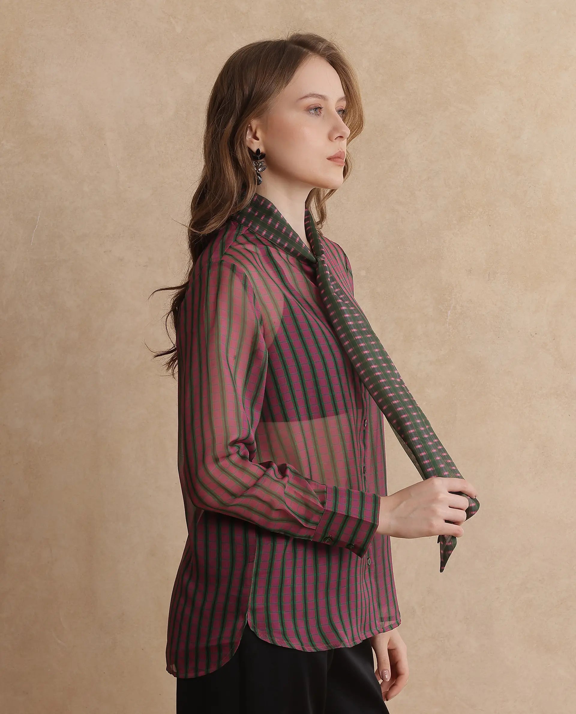 Rareism Women's Nioro Multi Polyester Tie-Up Neck Flannel Print Volume Sleeve Relaxed Fit Top