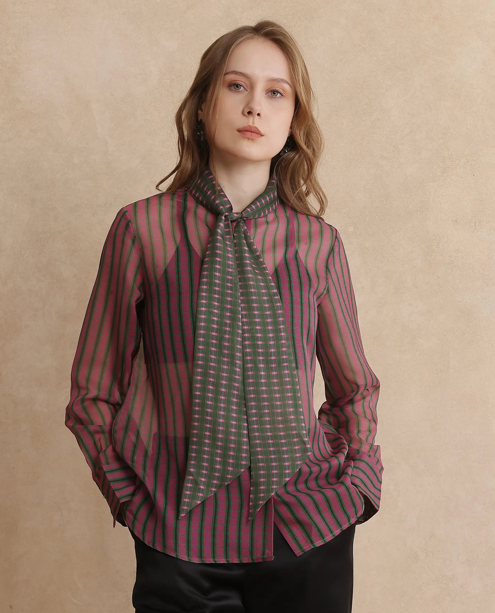 Rareism Women's Nioro Multi Polyester Tie-Up Neck Flannel Print Volume Sleeve Relaxed Fit Top