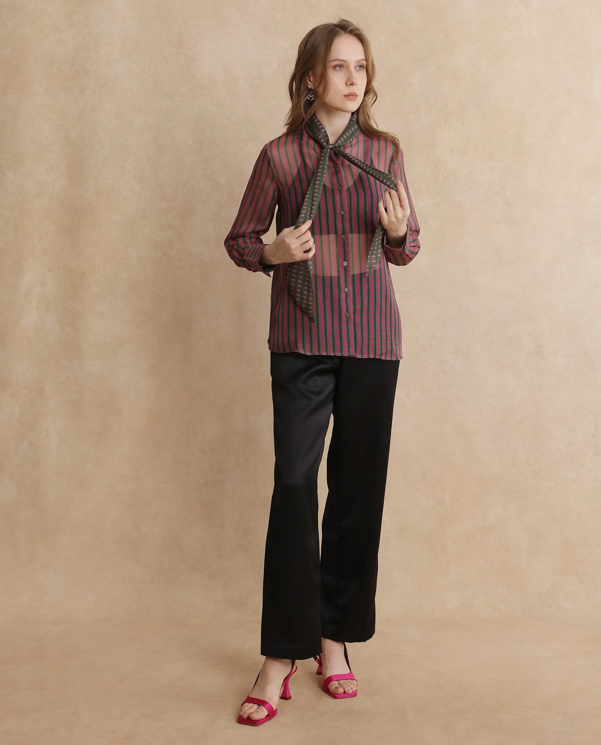 Rareism Women's Nioro Multi Polyester Tie-Up Neck Flannel Print Volume Sleeve Relaxed Fit Top