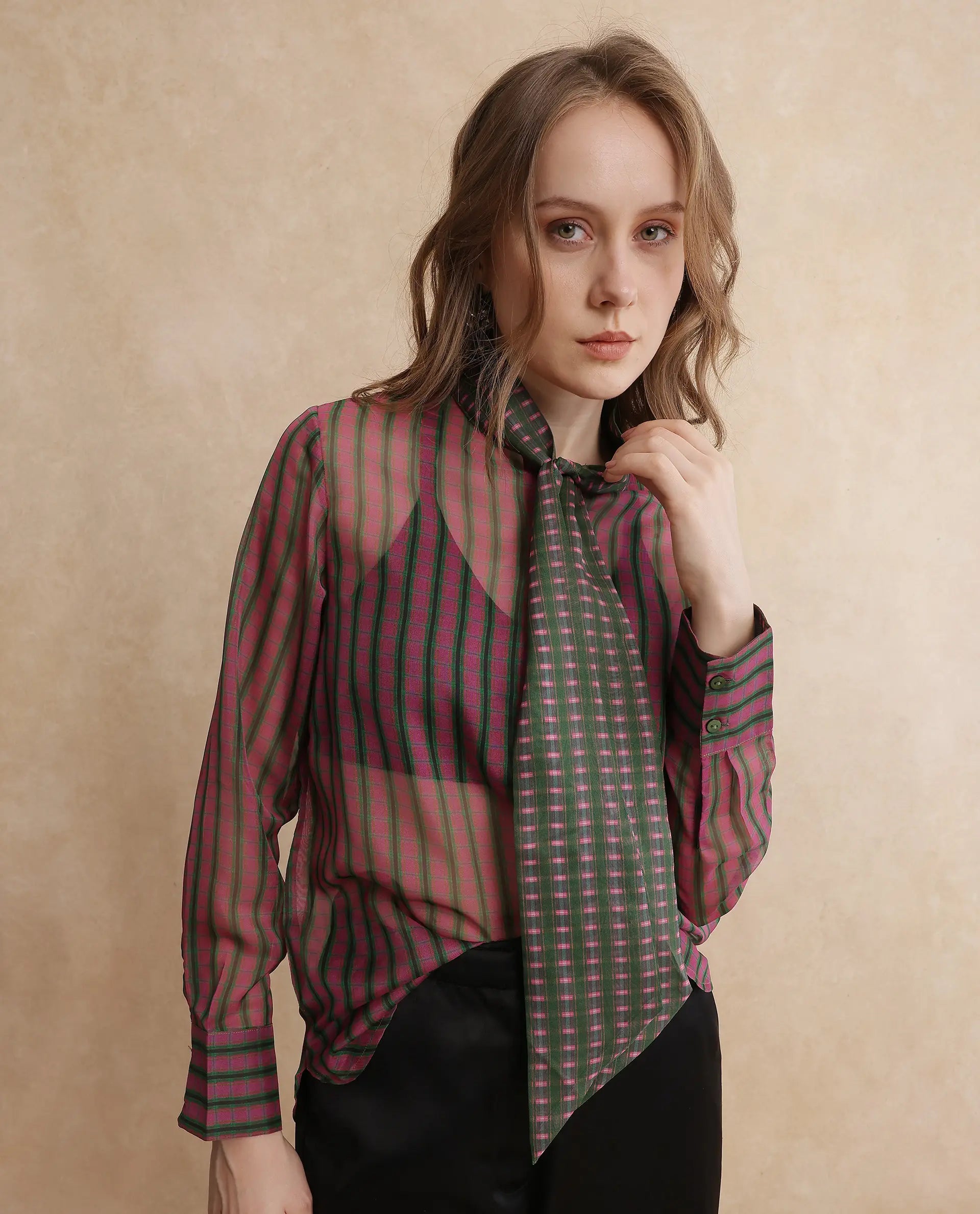 Rareism Women's Nioro Multi Polyester Tie-Up Neck Flannel Print Volume Sleeve Relaxed Fit Top