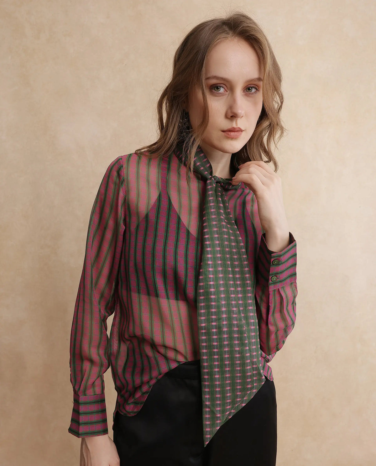 Rareism Women Nioro Multi Volume Sleeve Tie Up Neck Button Closure Relaxed Fit Flannel Print Top