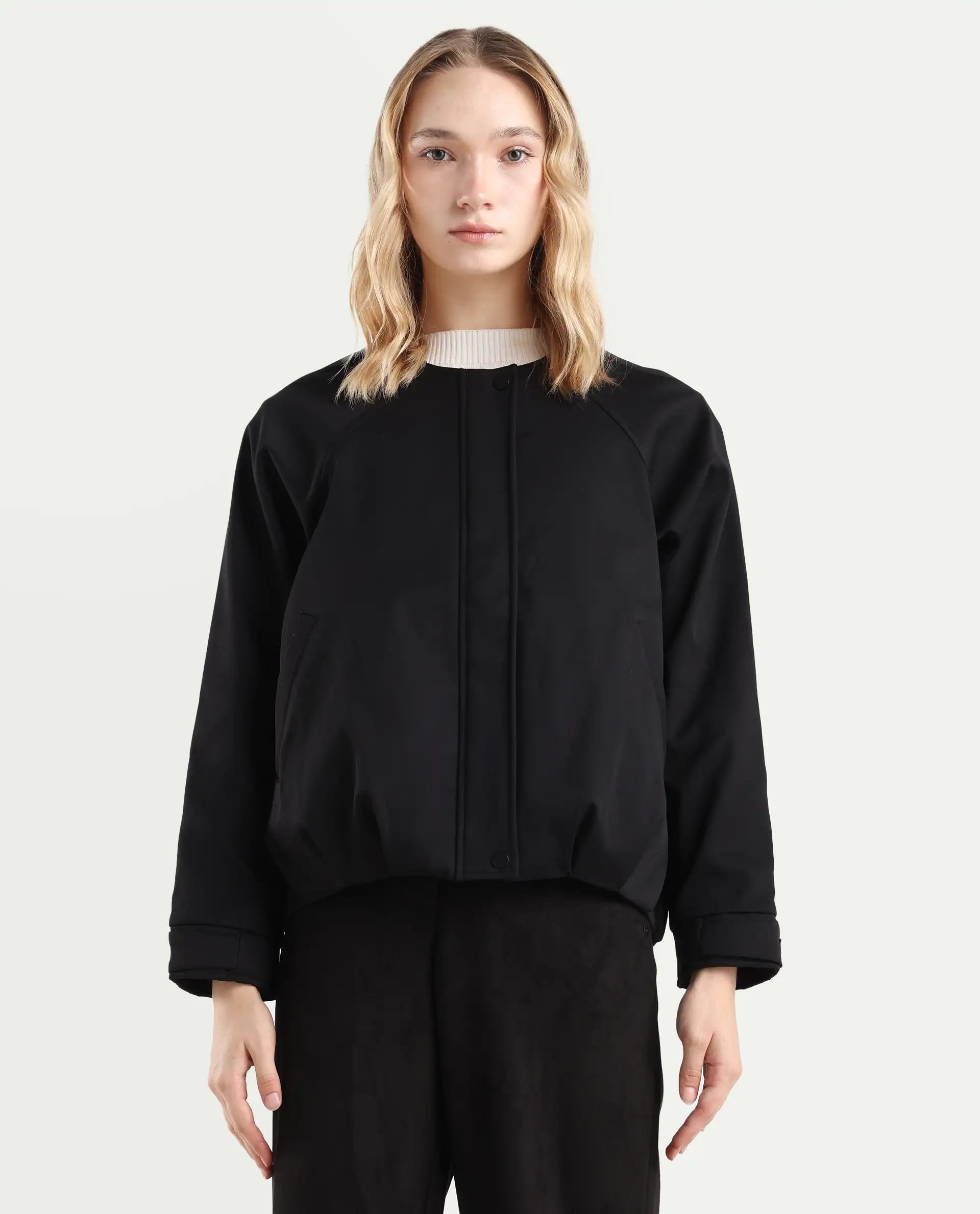 Rareism Women's Nira Black Polyester Crew Neck Relaxed Fit Jacket