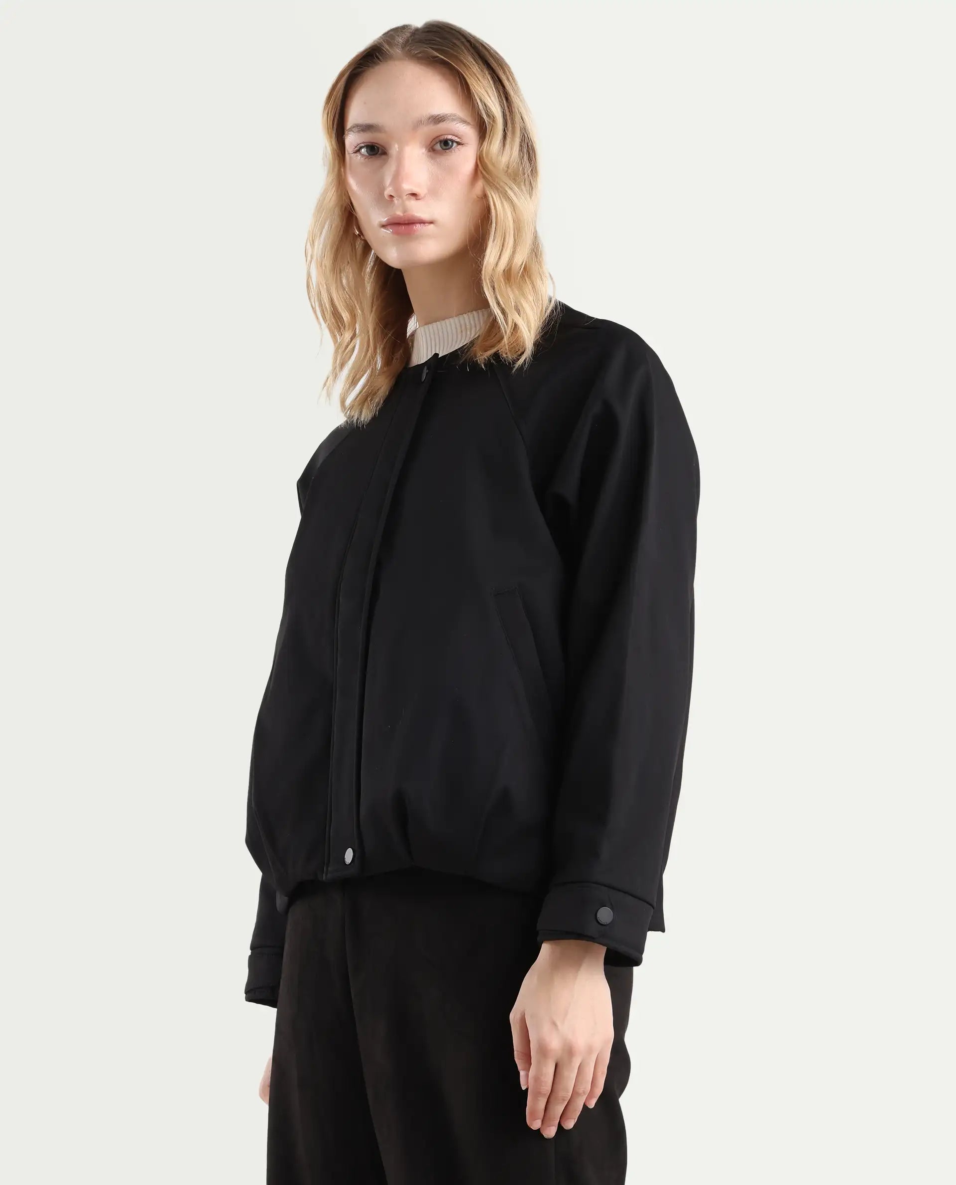 Rareism Women's Nira Black Polyester Crew Neck Relaxed Fit Jacket