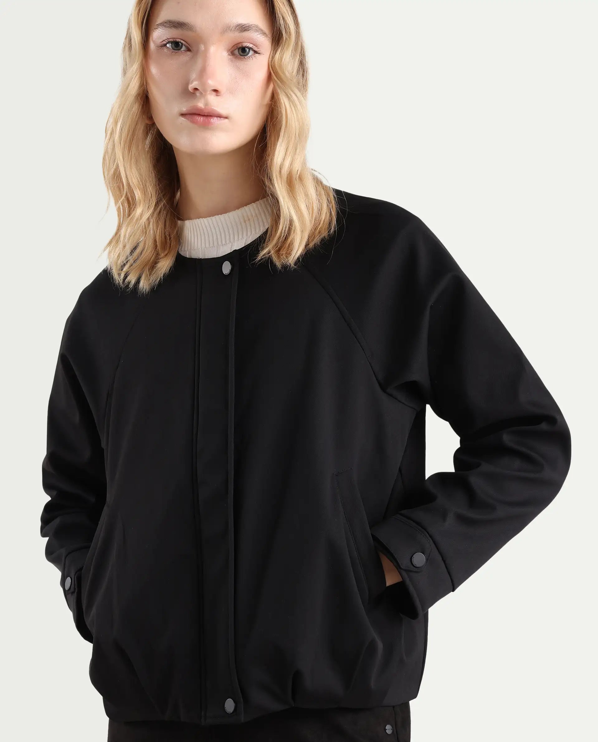 Rareism Women's Nira Black Polyester Crew Neck Relaxed Fit Jacket