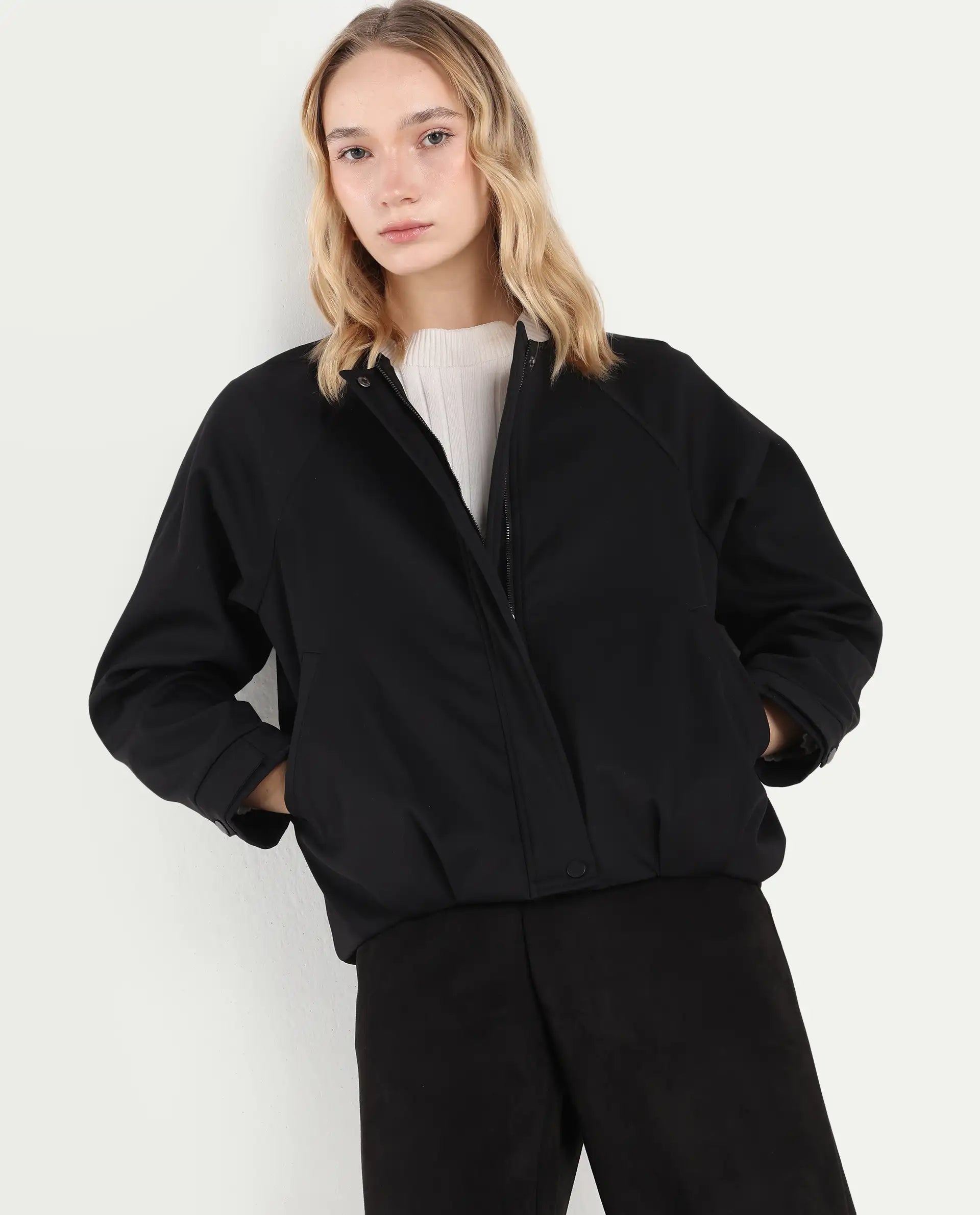 Rareism Women's Nira Black Polyester Crew Neck Relaxed Fit Jacket