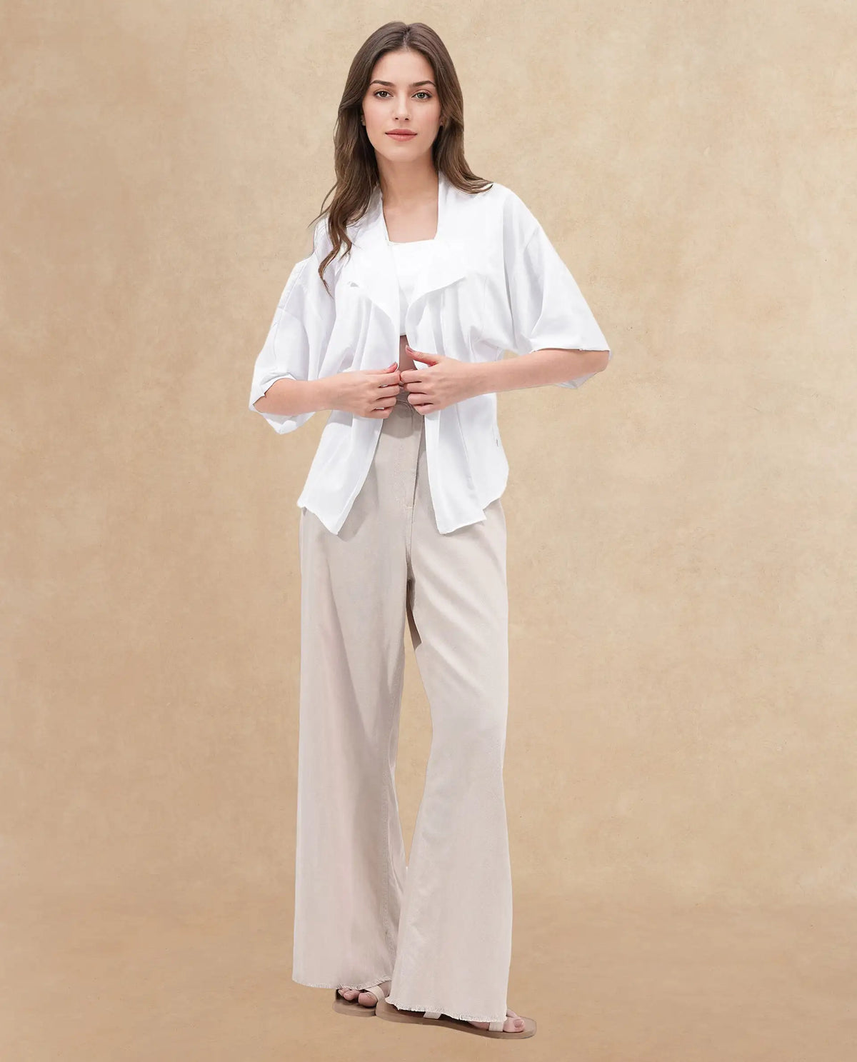 Rareism Women Nirv White Cotton Fabric Short Sleeves Relaxed Fit Plain Shrug