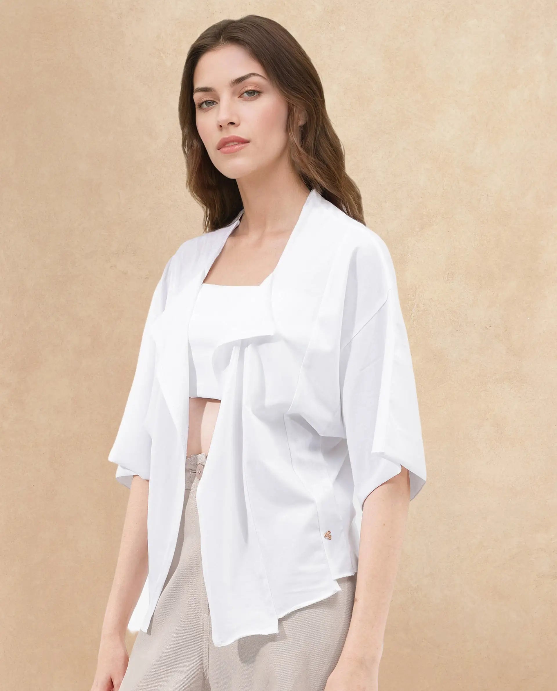 Rareism Women Nirv White Cotton Fabric Short Sleeves Relaxed Fit Plain Shrug