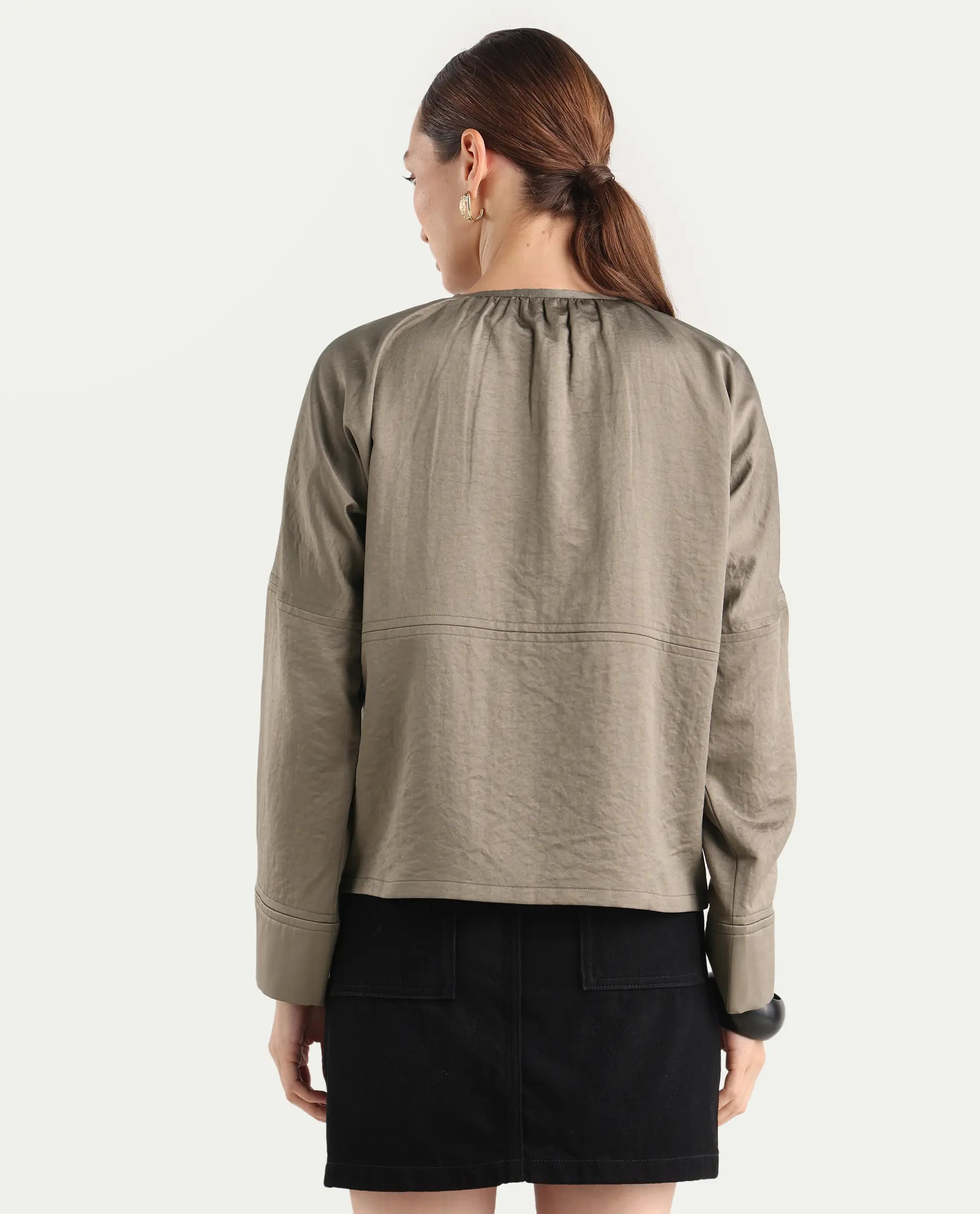 Rareism Women's Nisat Olive Polyester Round Neck Relaxed Plain Jacket