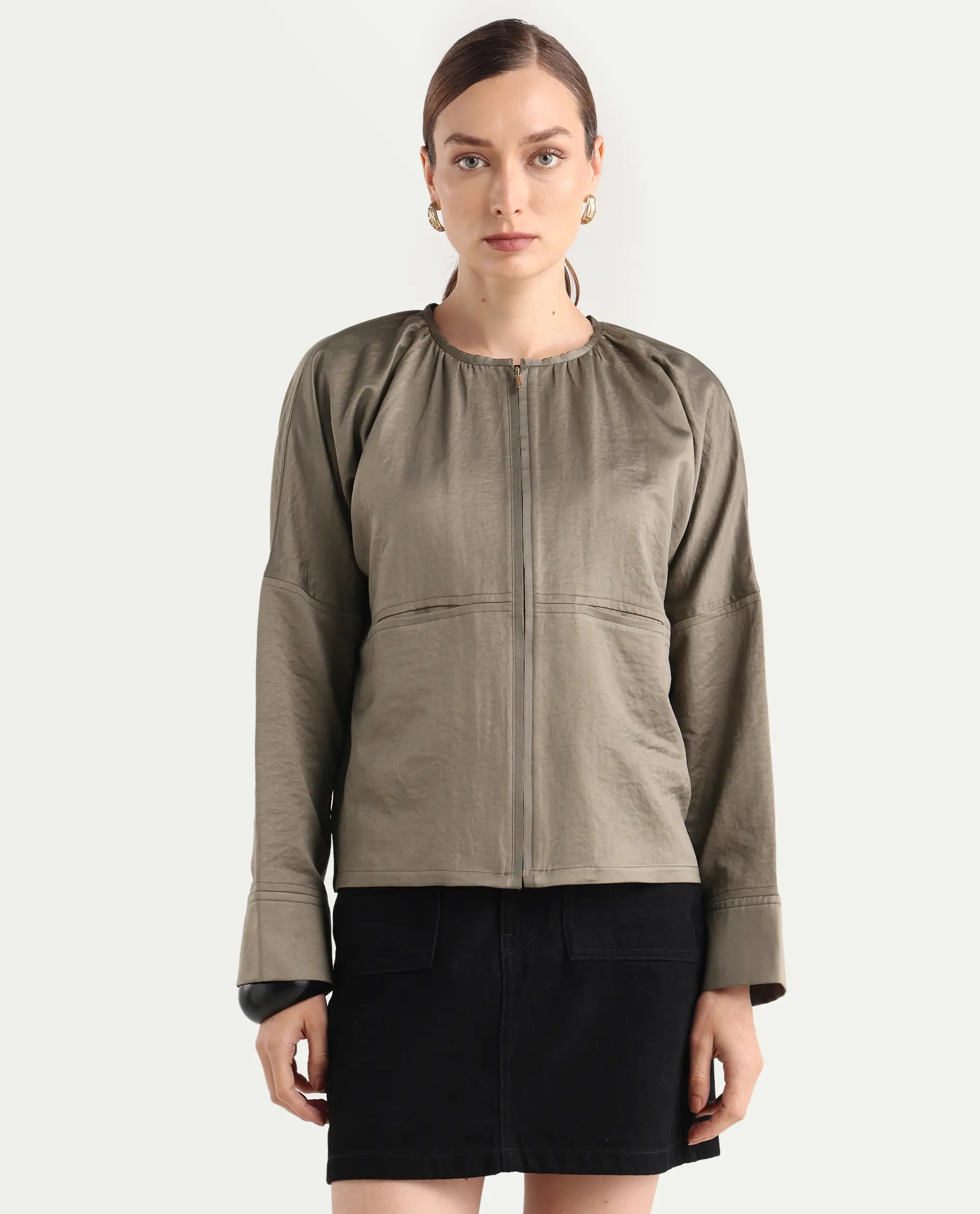 Rareism Women's Nisat Olive Polyester Round Neck Relaxed Plain Jacket