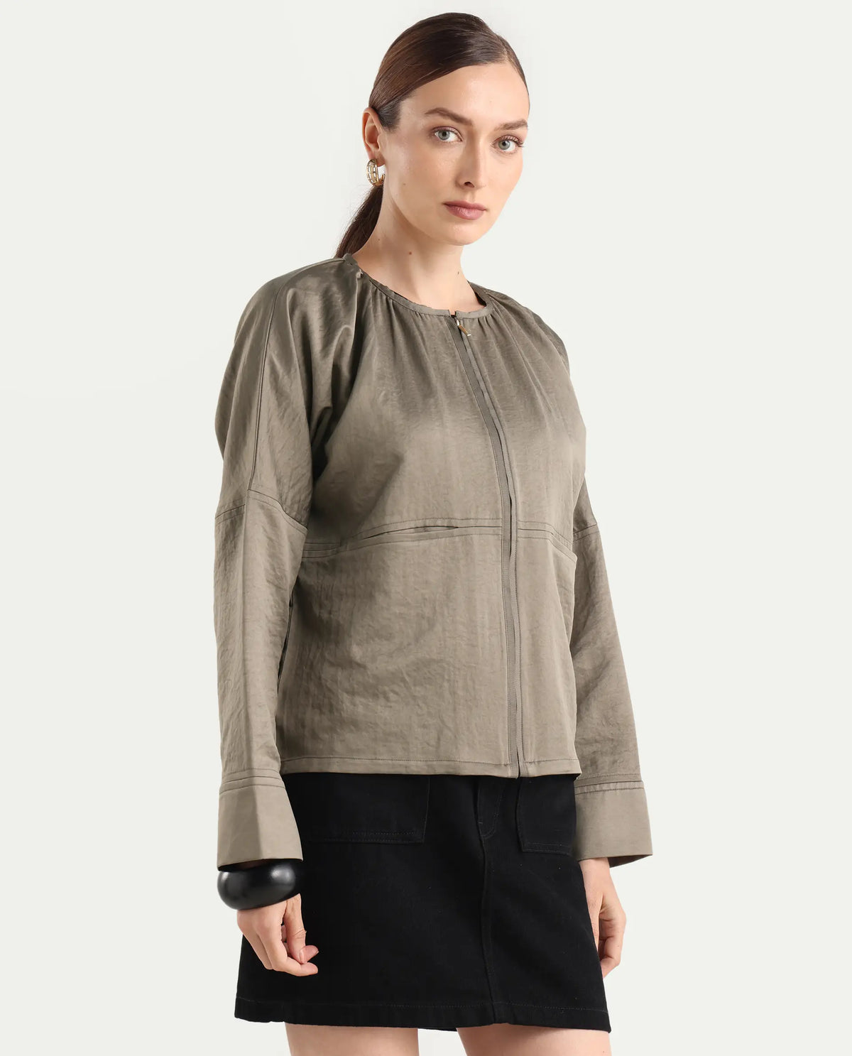Rareism Women's Nisat Olive Polyester Round Neck Relaxed Plain Jacket