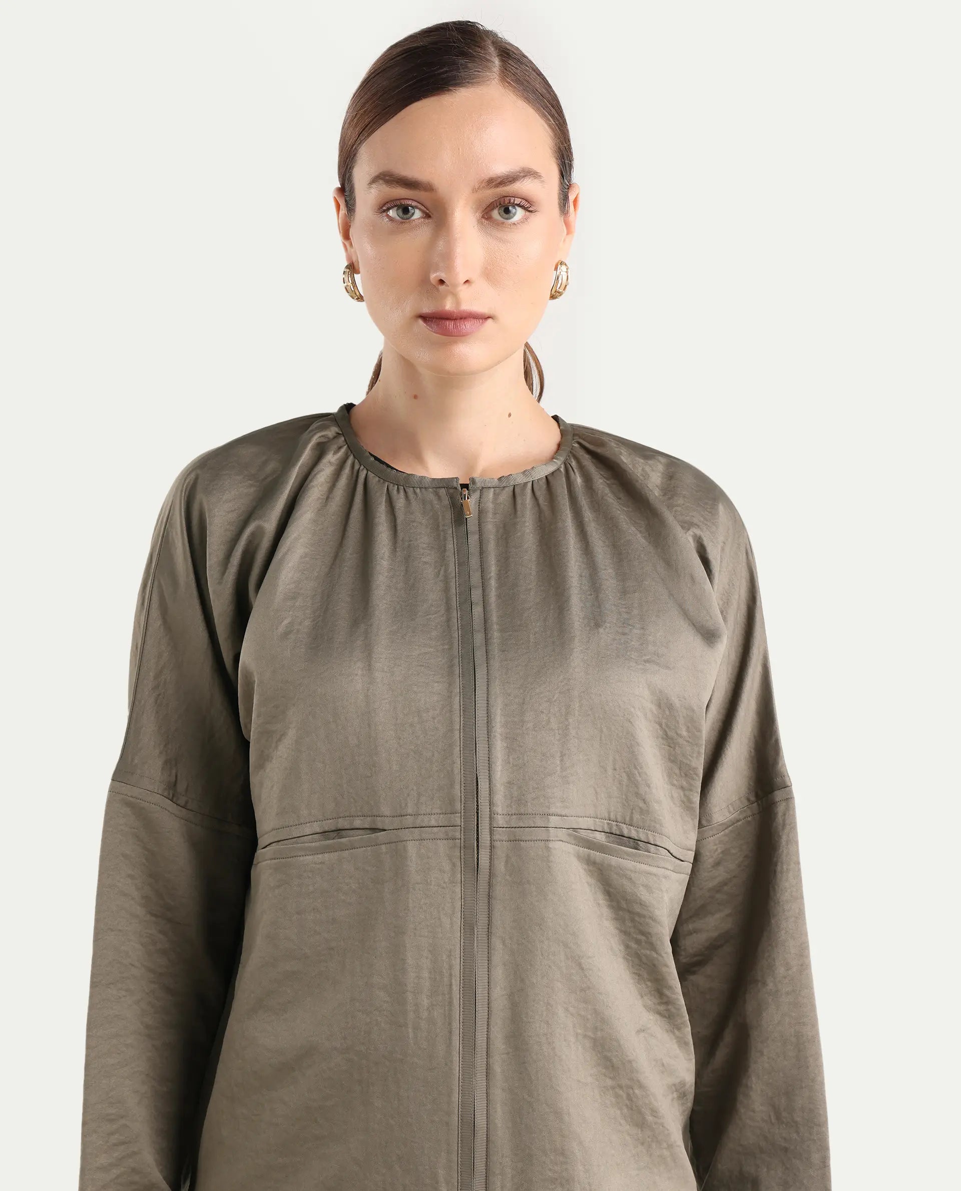 Rareism Women's Nisat Olive Polyester Round Neck Relaxed Plain Jacket