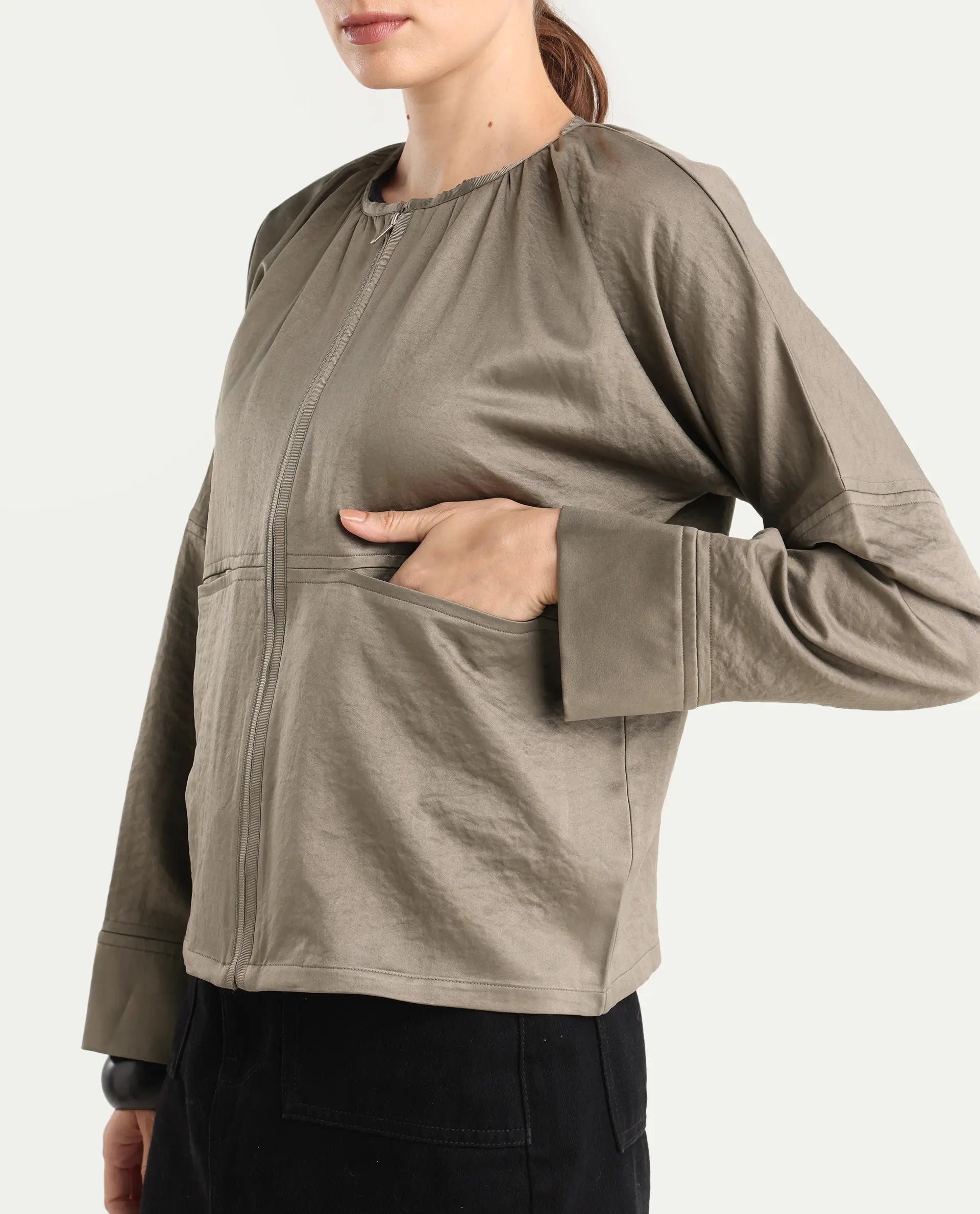 Rareism Women's Nisat Olive Polyester Round Neck Relaxed Plain Jacket