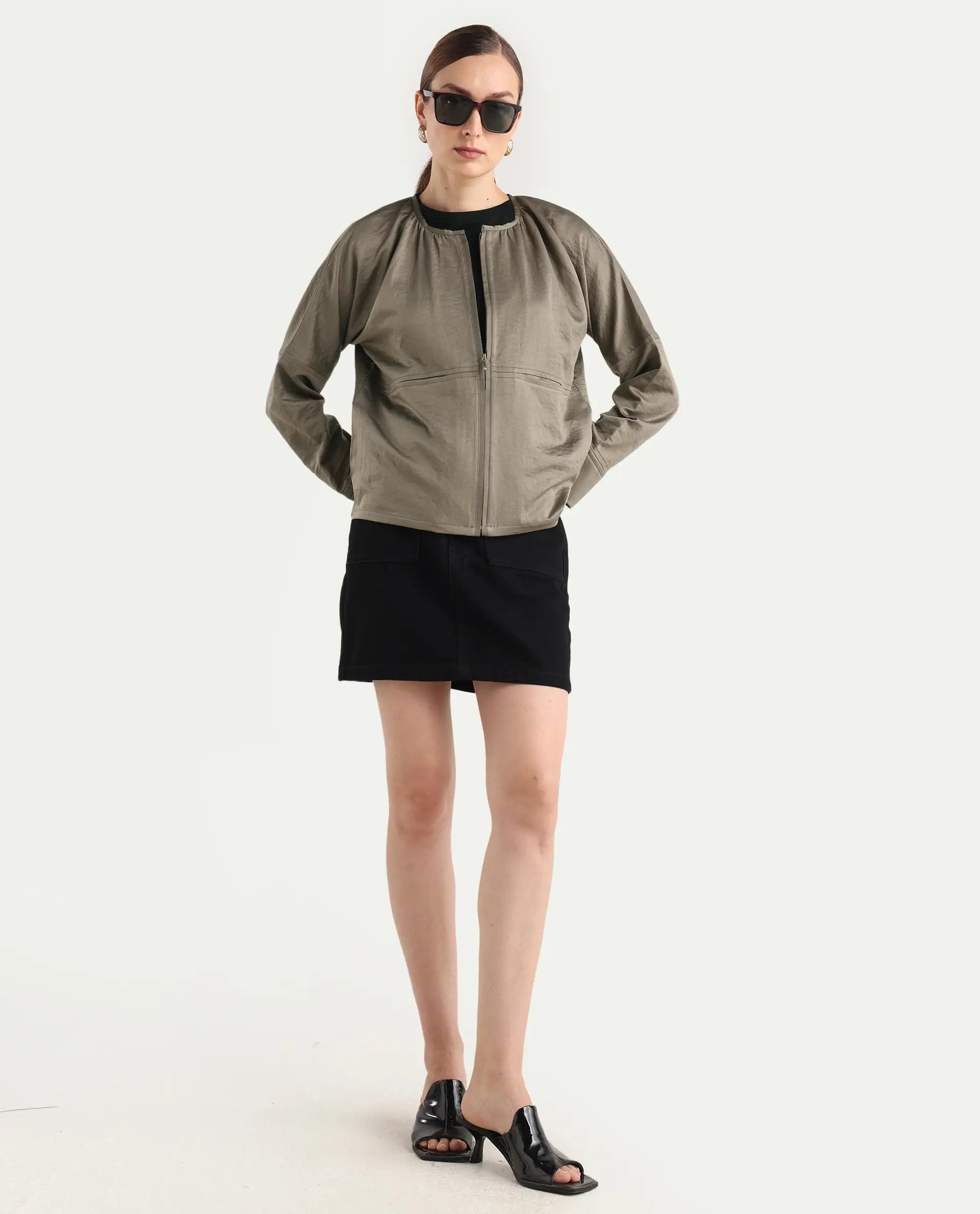 Rareism Women's Nisat Olive Polyester Round Neck Relaxed Plain Jacket