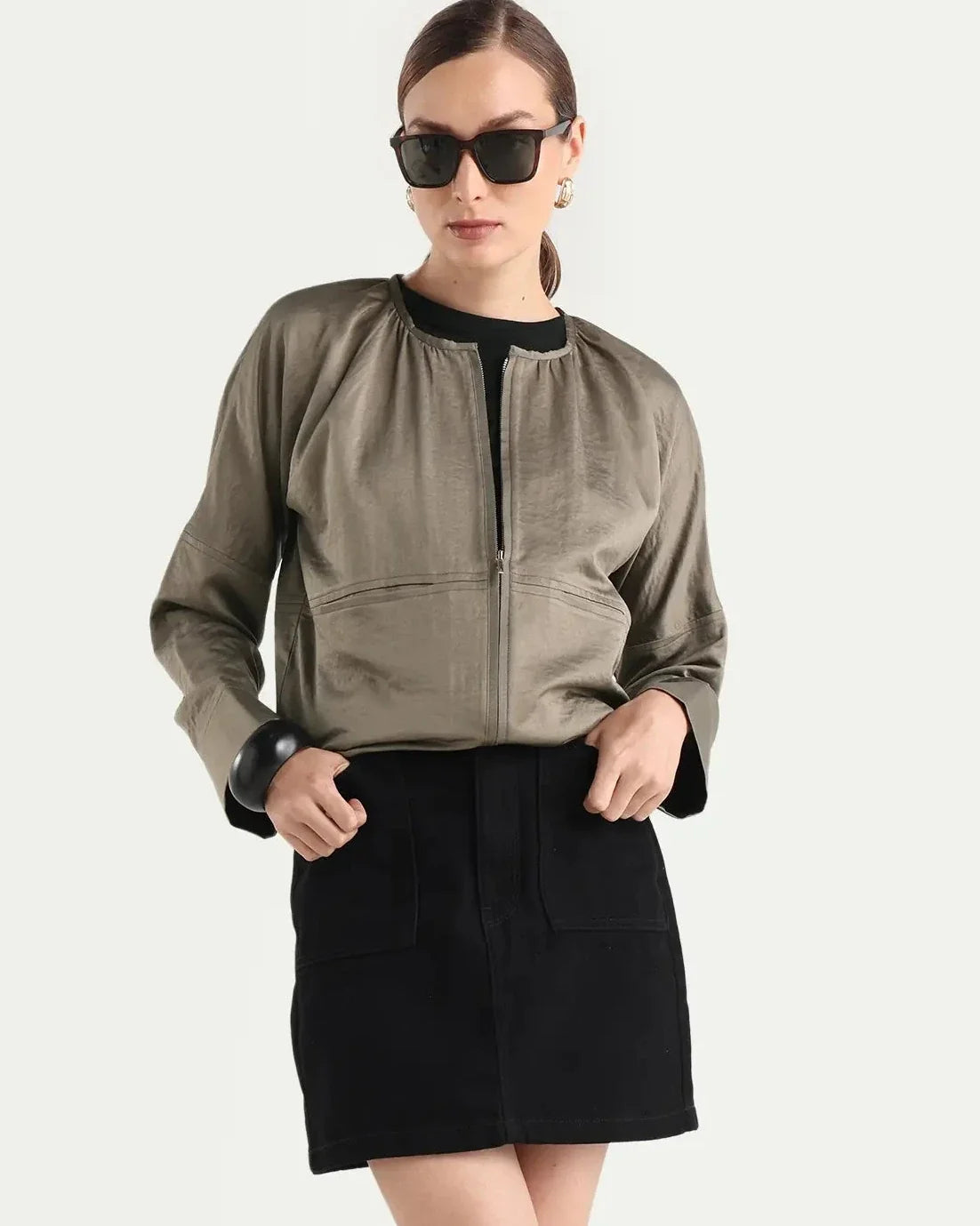 Rareism Women's Nisat Olive Polyester Round Neck Relaxed Plain Jacket