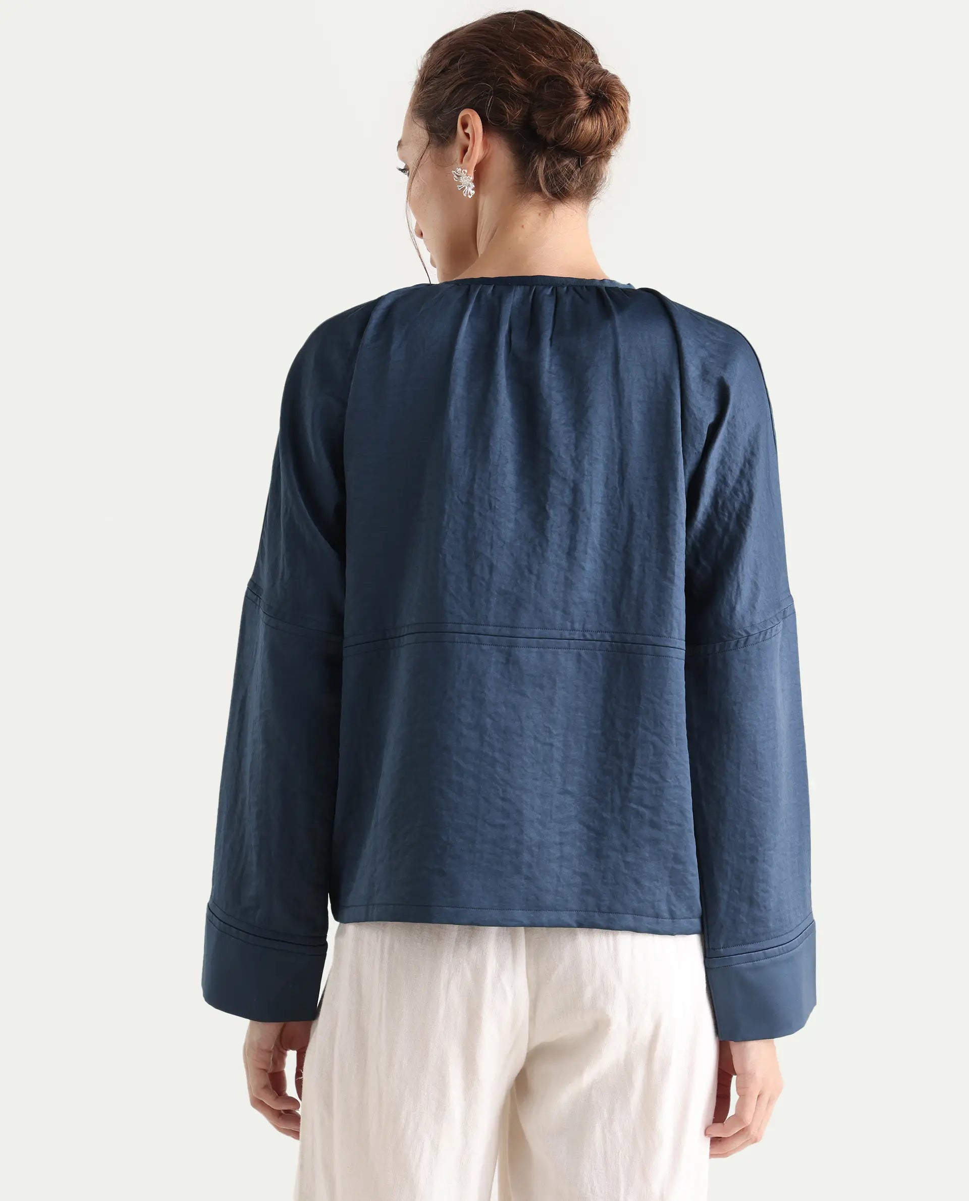 Rareism Women's Nisat Navy Polyester Round Neck Relaxed Plain Jacket