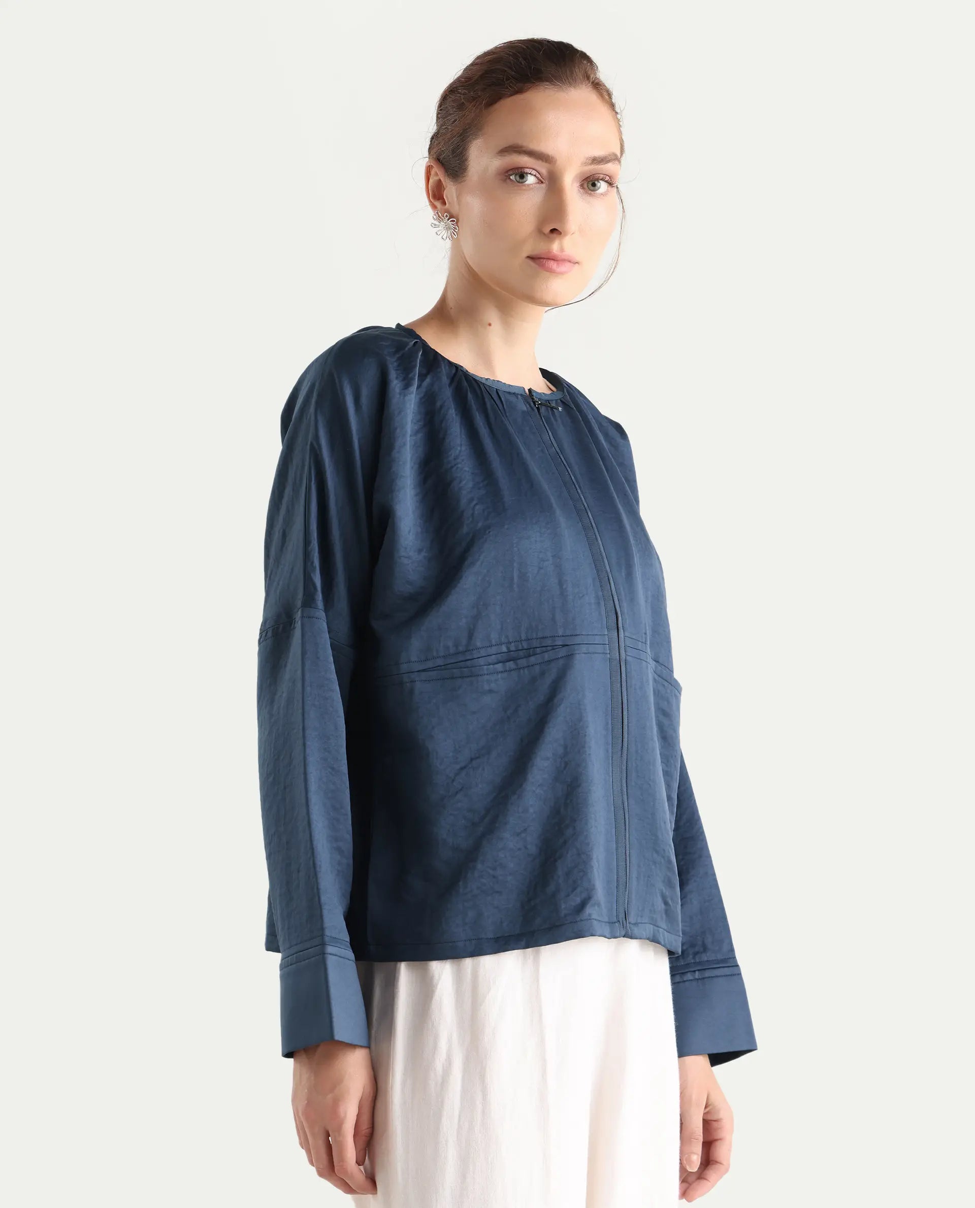 Rareism Women's Nisat Navy Polyester Round Neck Relaxed Plain Jacket